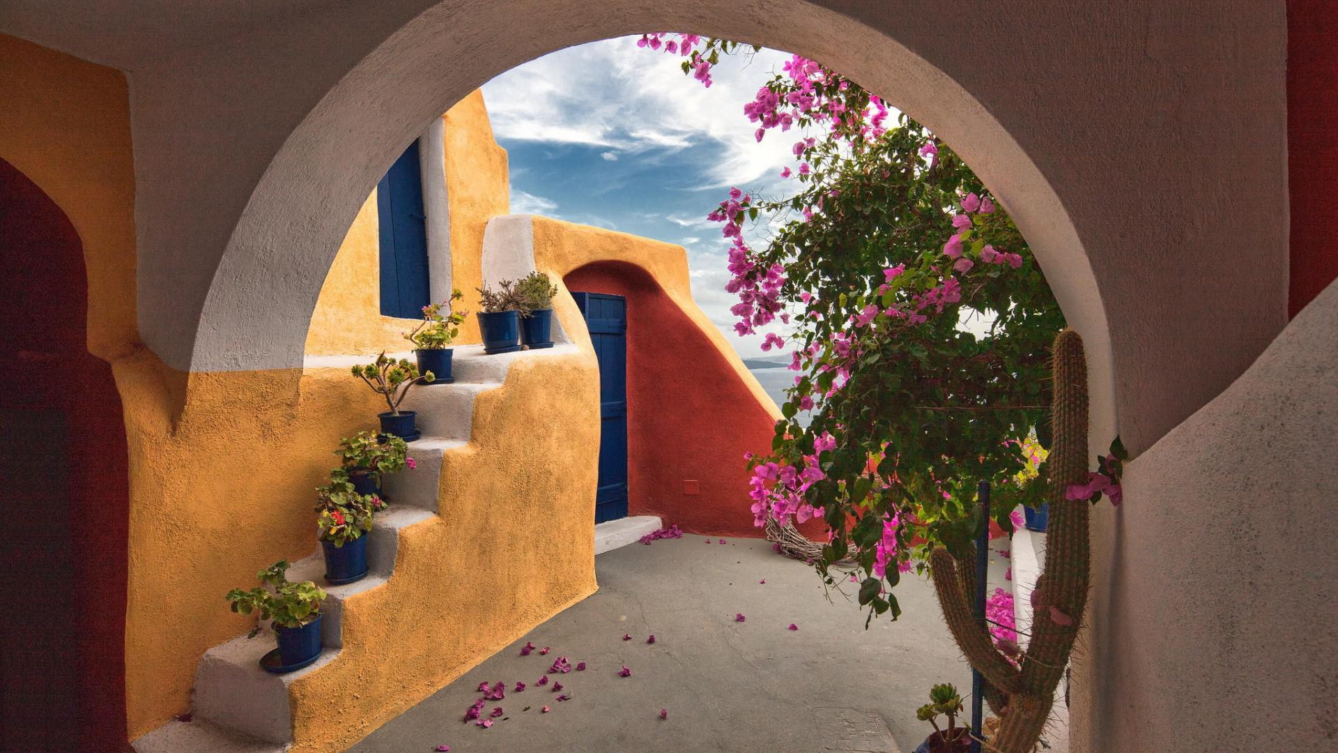 1920x1080 Arch Architecture Bush Door Greece House Man Made Pink Flower Plant Santorini Wallpaper:1920x1080