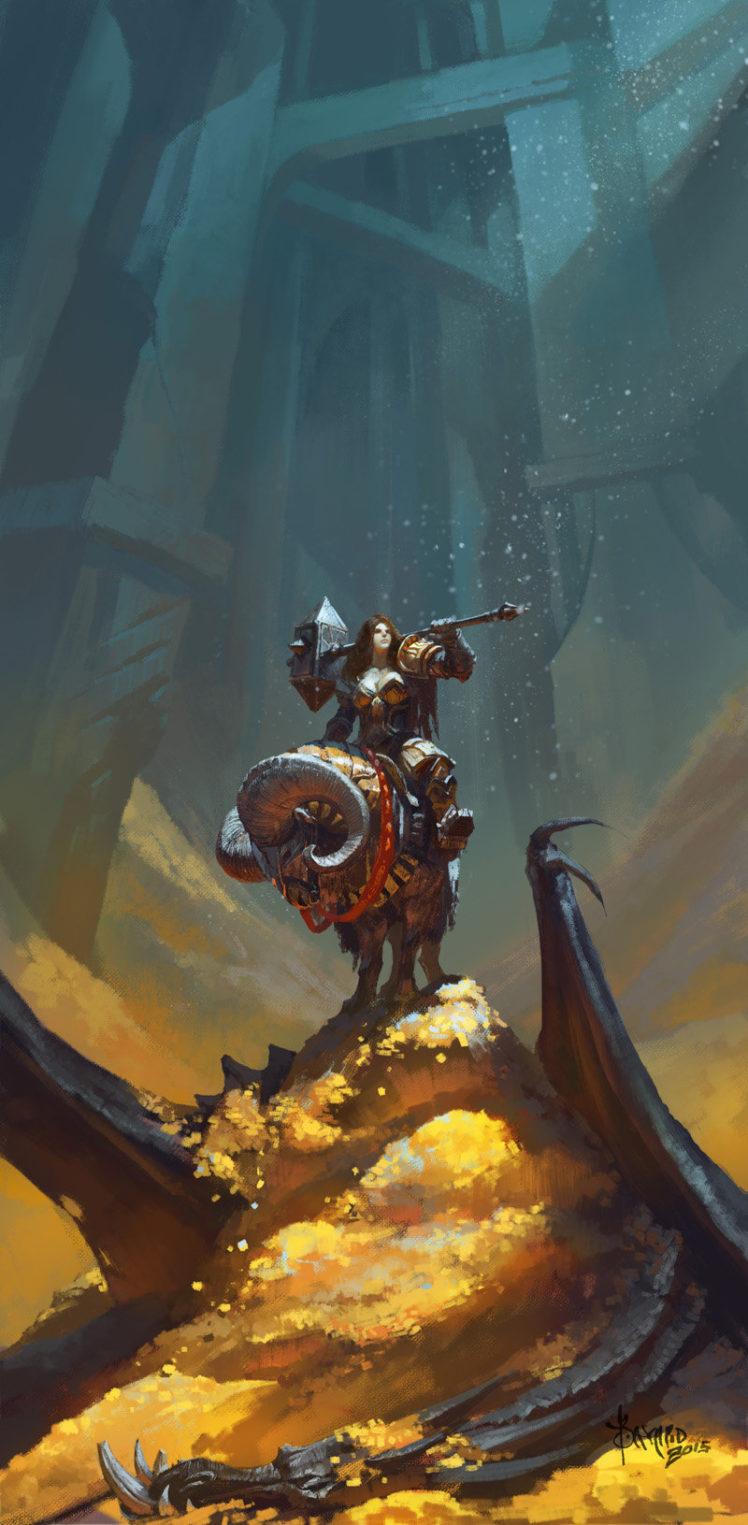 748x1525 women, Brunette, Bayard Wu, Armor, Gold, Dragon, Goat, Mine, Axe, Drawing Wallpaper HD / Desktop and Mobile Background