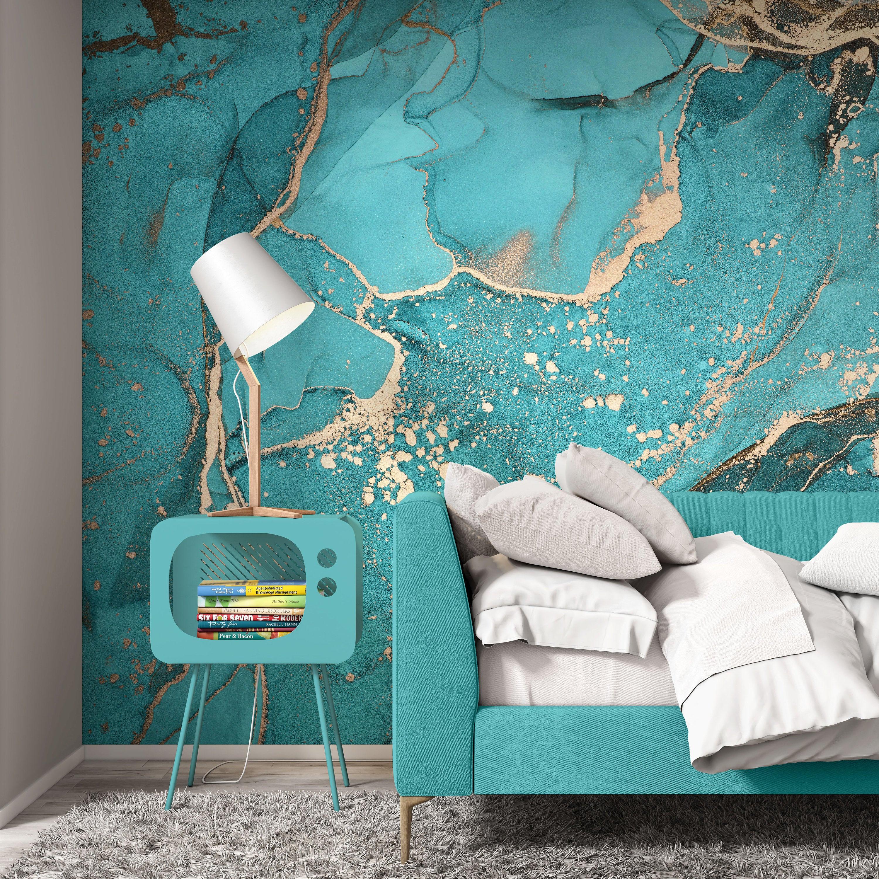 3000x3000 Aqua Blue Gold Acrylic Marble Texture Wallpaper Modern Art