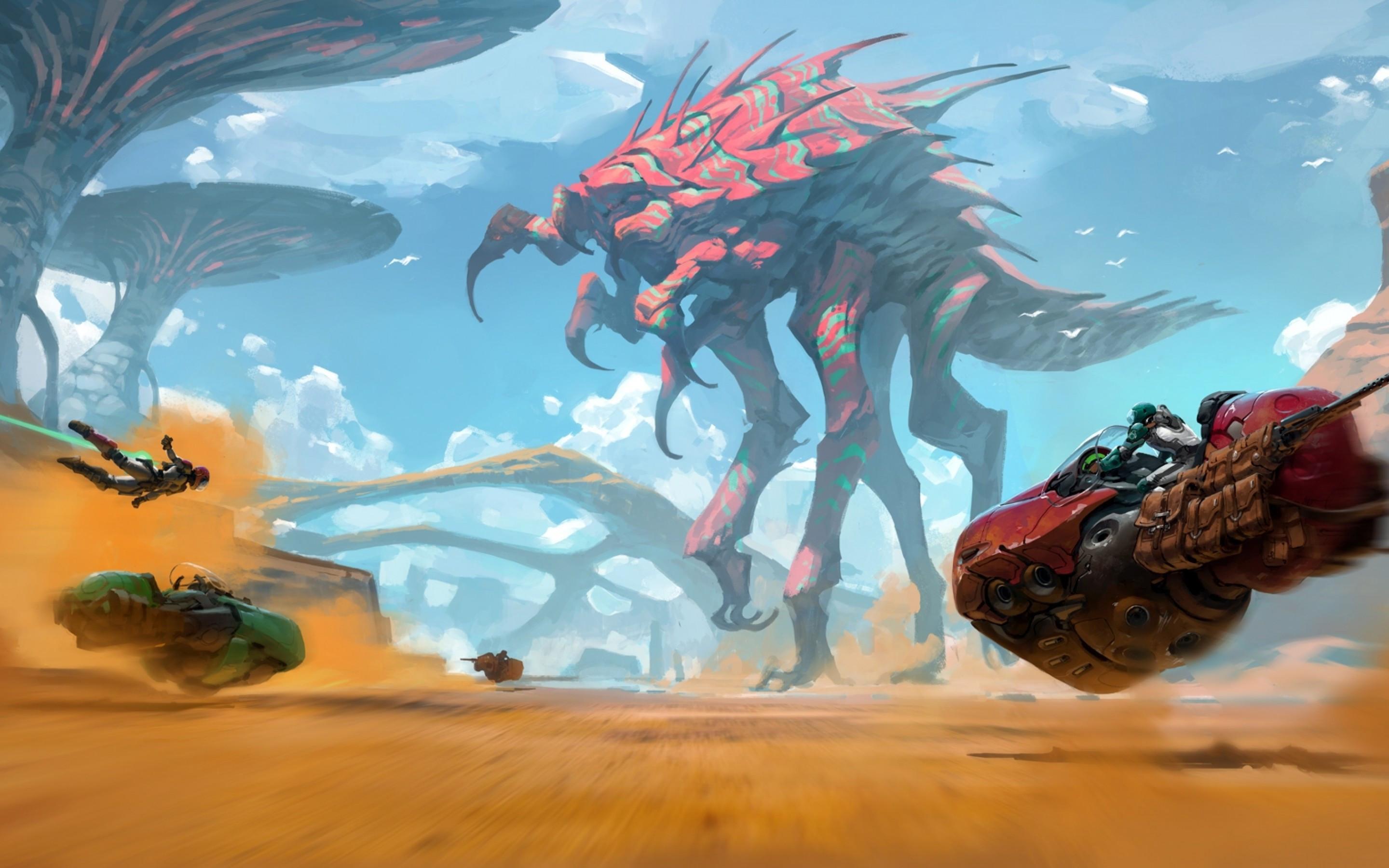 2880x1800 Download 2880x1800 Alien, Monster, Creature, Futuristic Vehicle, Giant Mushrooms Wallpaper for MacBook Pro 15 inch