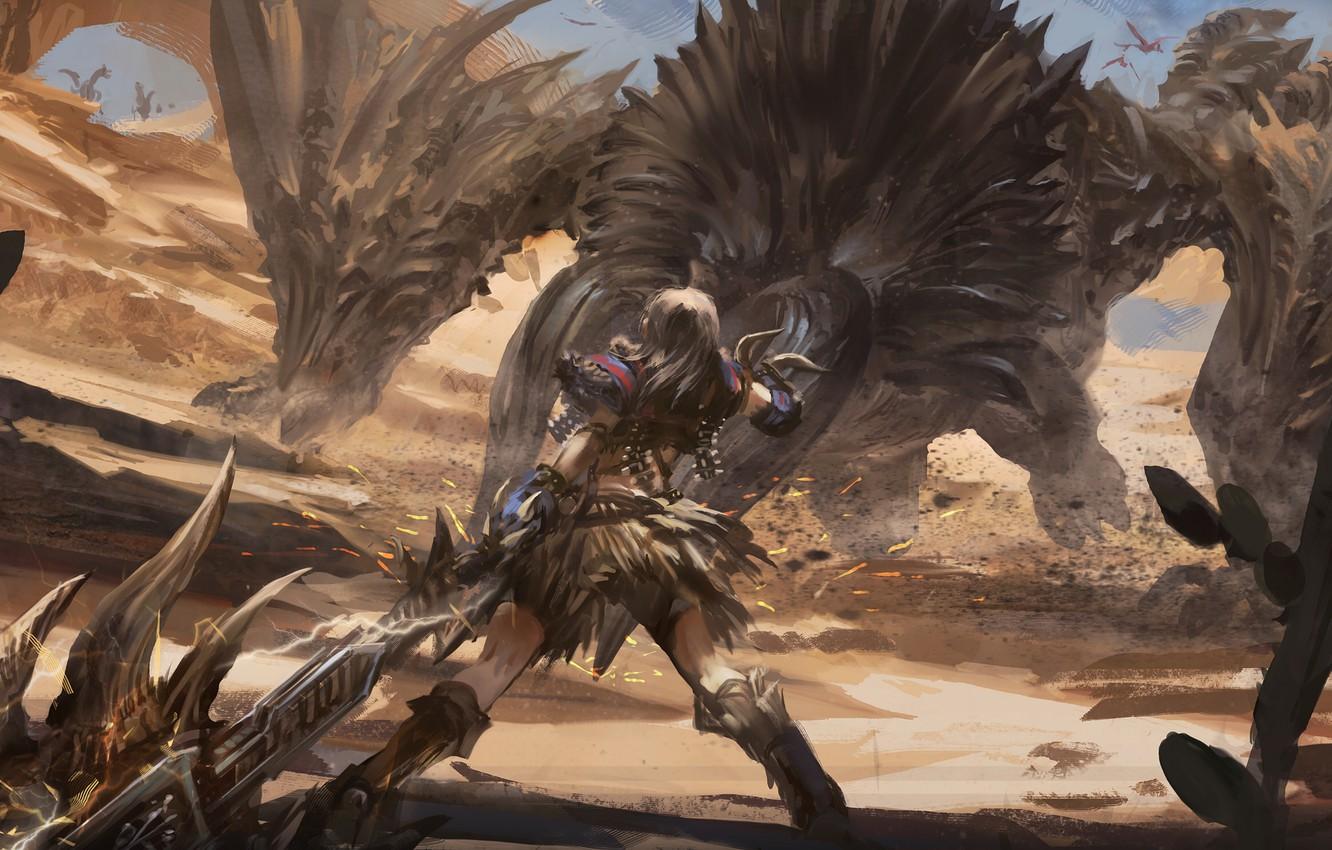 1332x850 Wallpaper sword, fantasy, monster, weapon, Warrior, dragon, artwork, fantasy art, creature image for desktop, section фантастика