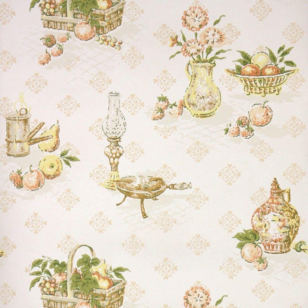 1024x1024 1960S VINTAGE WALLPAPER Retro Kitchen Peach Yellow Green Fruit