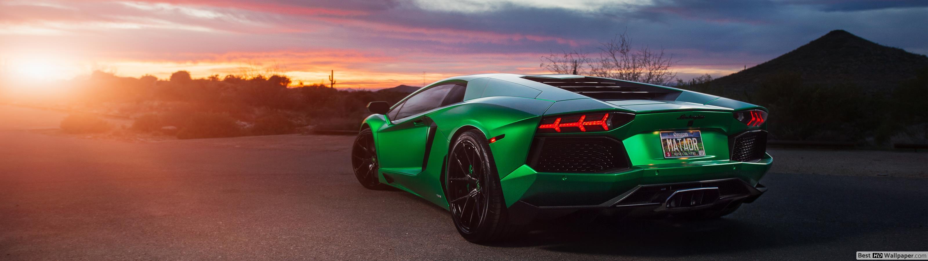 3200x900 Green Lamborghini Aventador HD wallpaper download