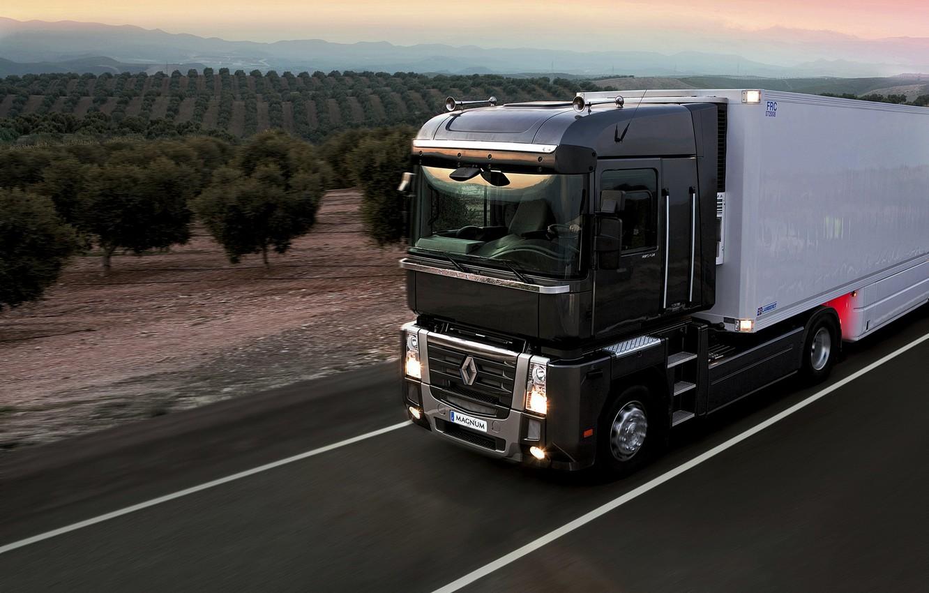 1332x850 Wallpaper road, sunset, black, truck, Renault, Magnum, tractor, 4x the trailer, Renault Trucks image for desktop, section грузовики