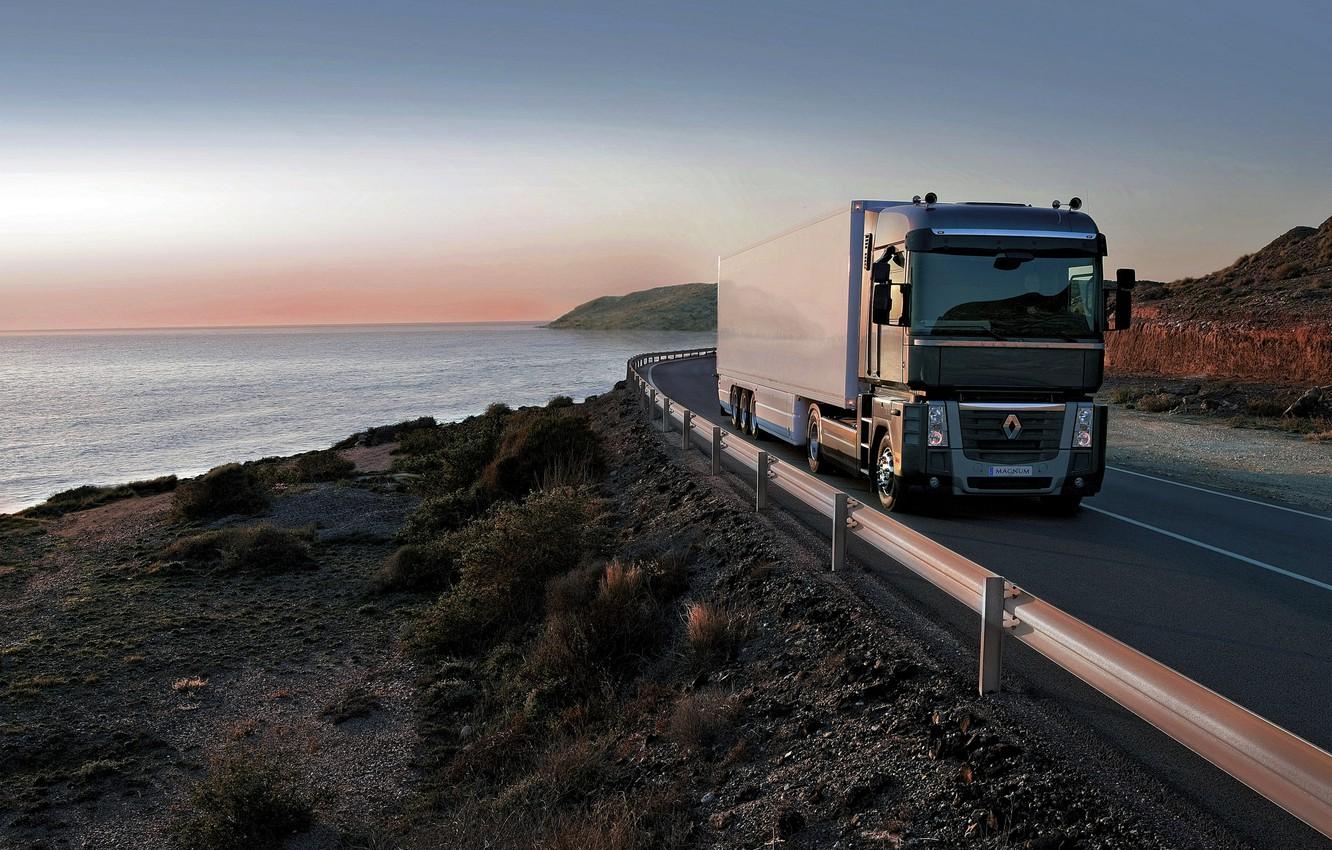 1332x850 Wallpaper road, black, coast, vegetation, the fence, truck, Renault, Magnum, tractor, 4x the trailer, Renault Trucks image for desktop, section грузовики
