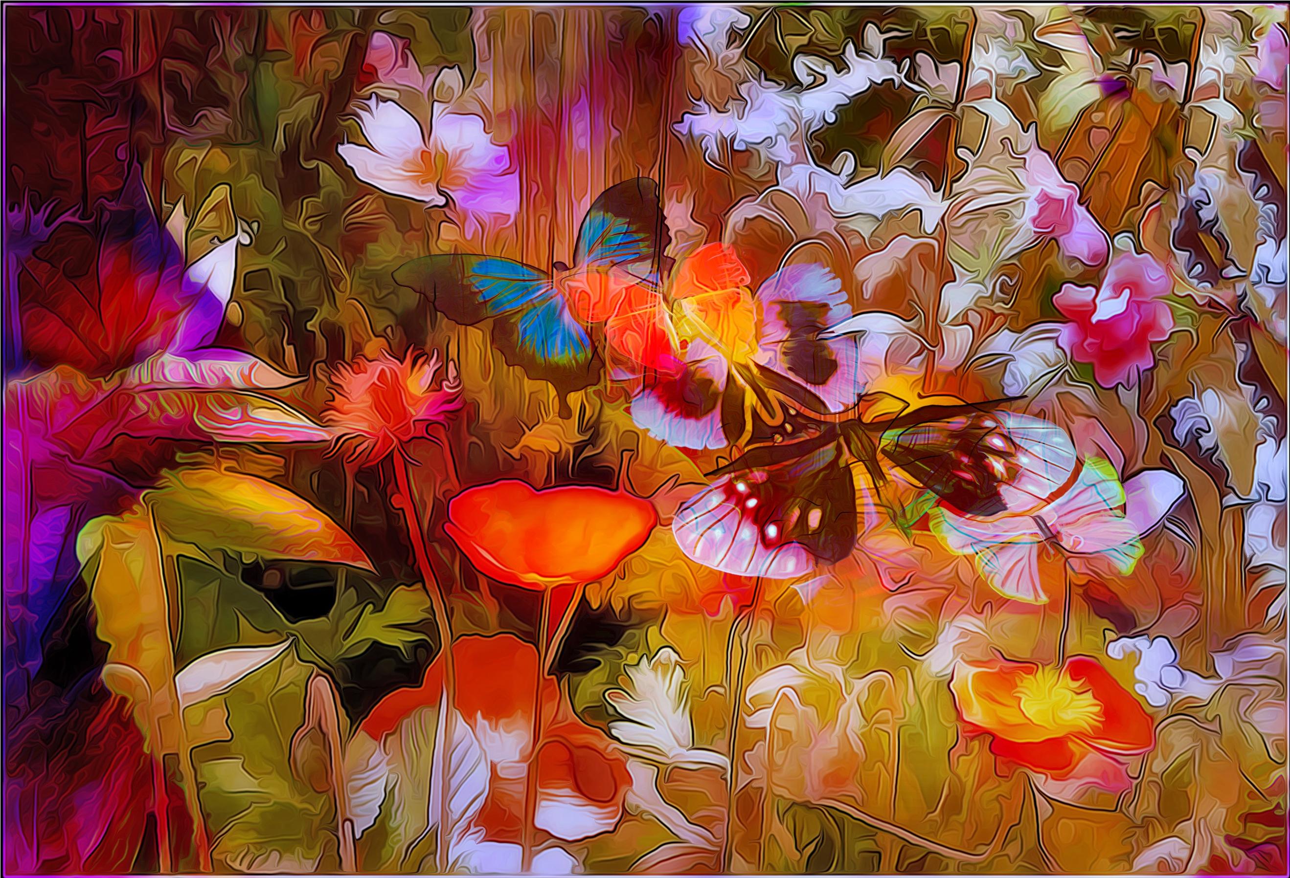 2637x1796 Abstract Flower and Butterfly Painting HD Wallpaper