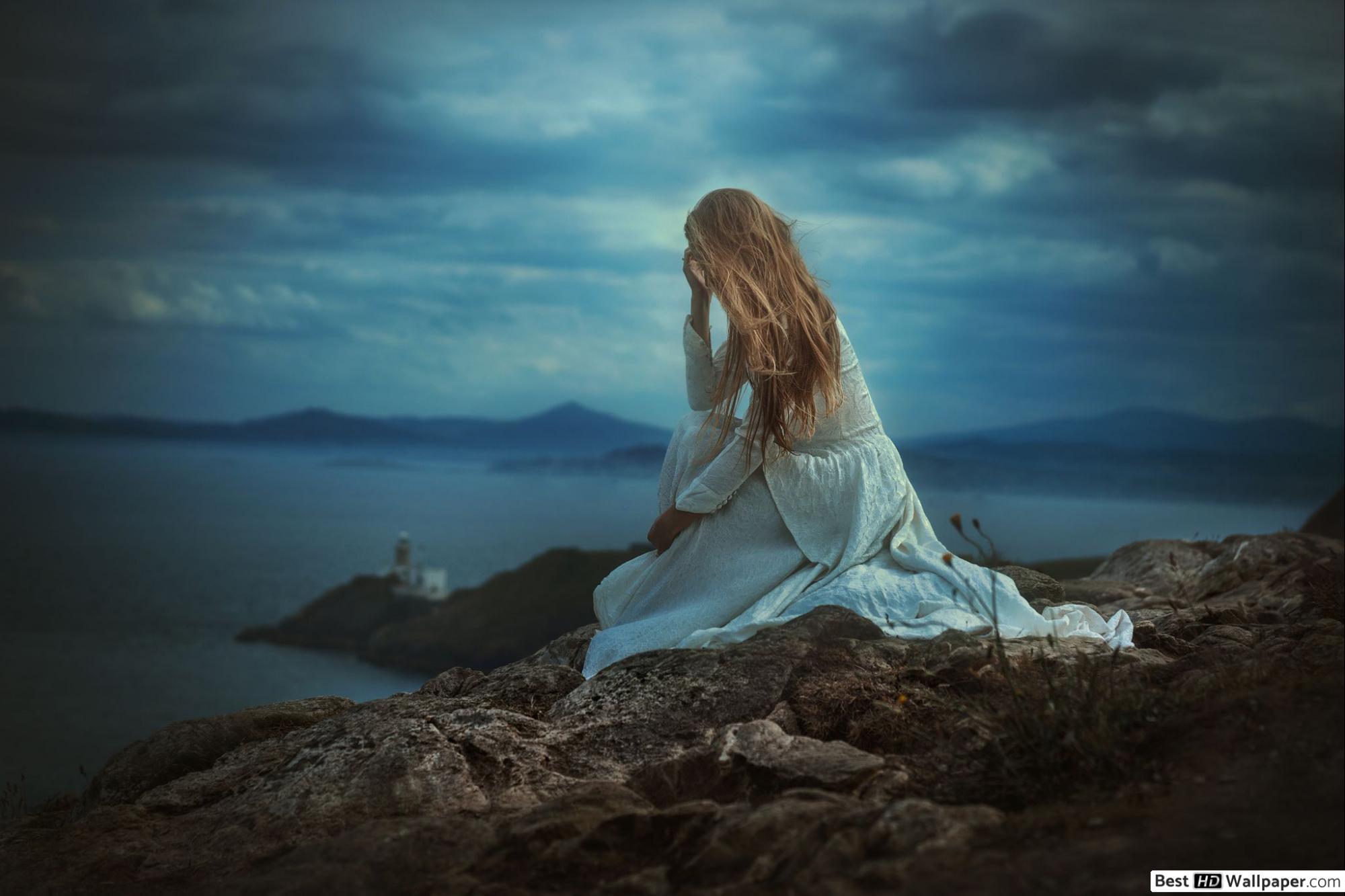 2000x1333 Sad girl sitting on rock HD wallpaper download