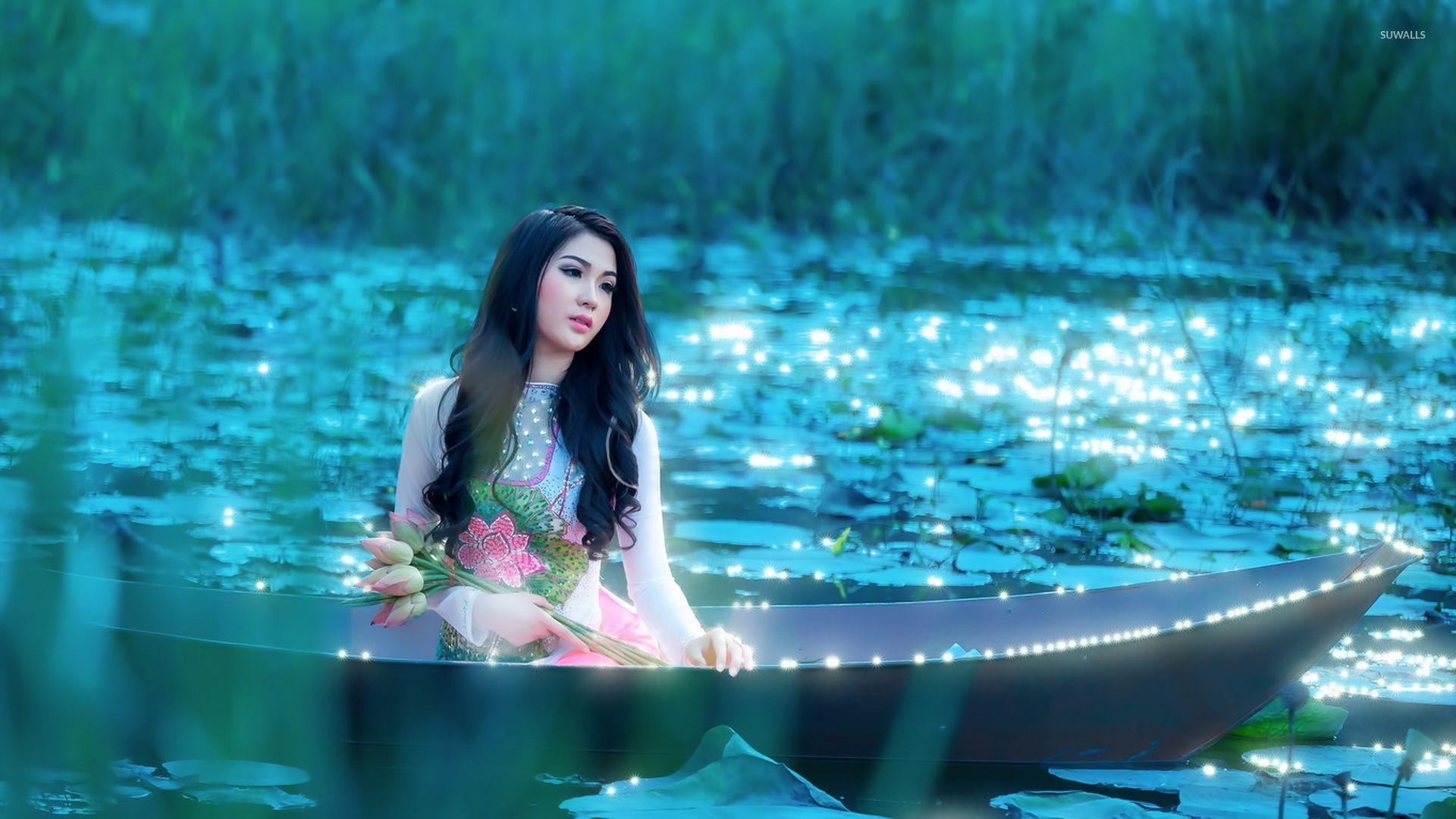 1920x1080 Girl with flowers sitting in the boat wallpaper wallpaper