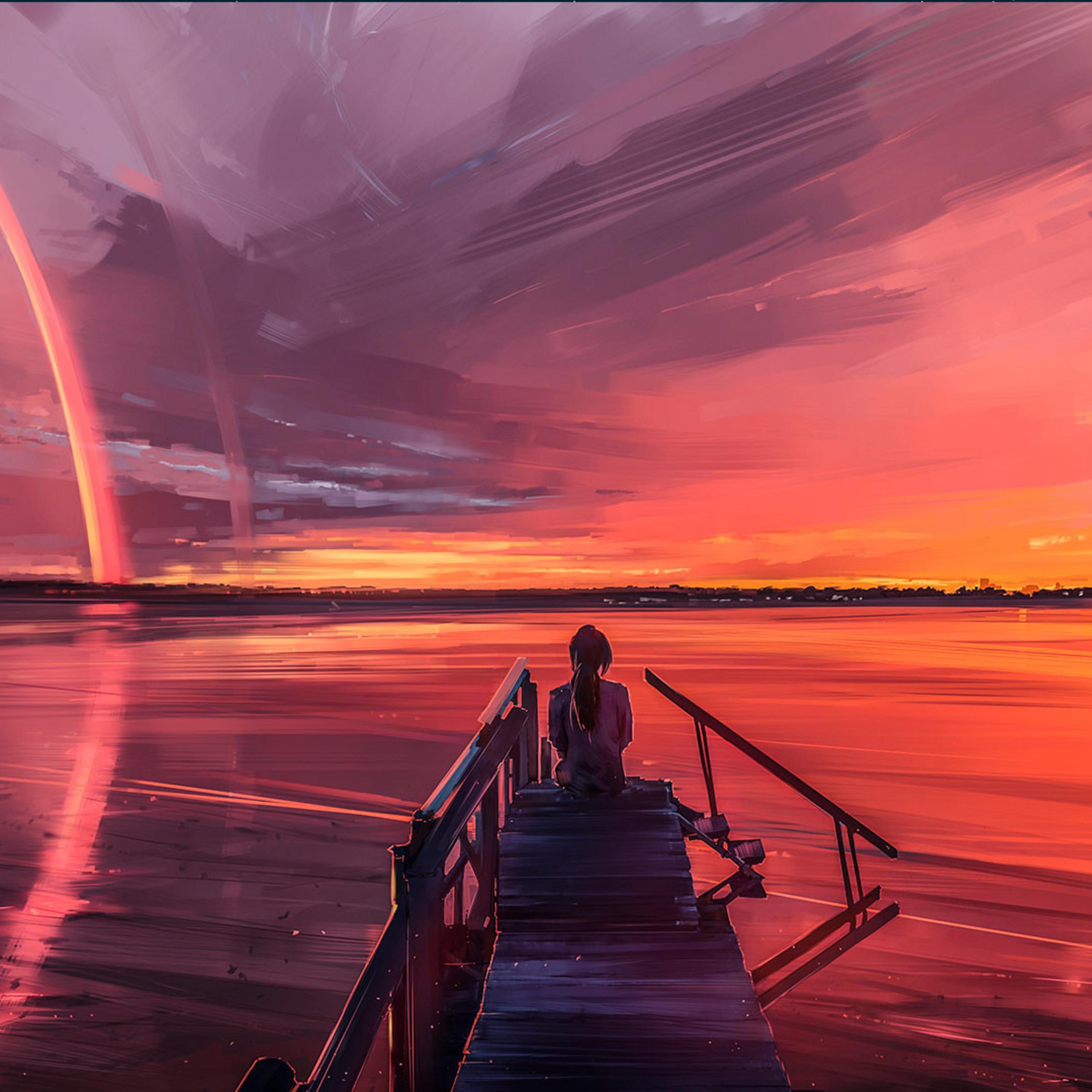 2932x2932 Alone Girl Sitting On Pier Side iPad Pro Retina Display HD 4k Wallpaper, Image, Background, Photo and Picture