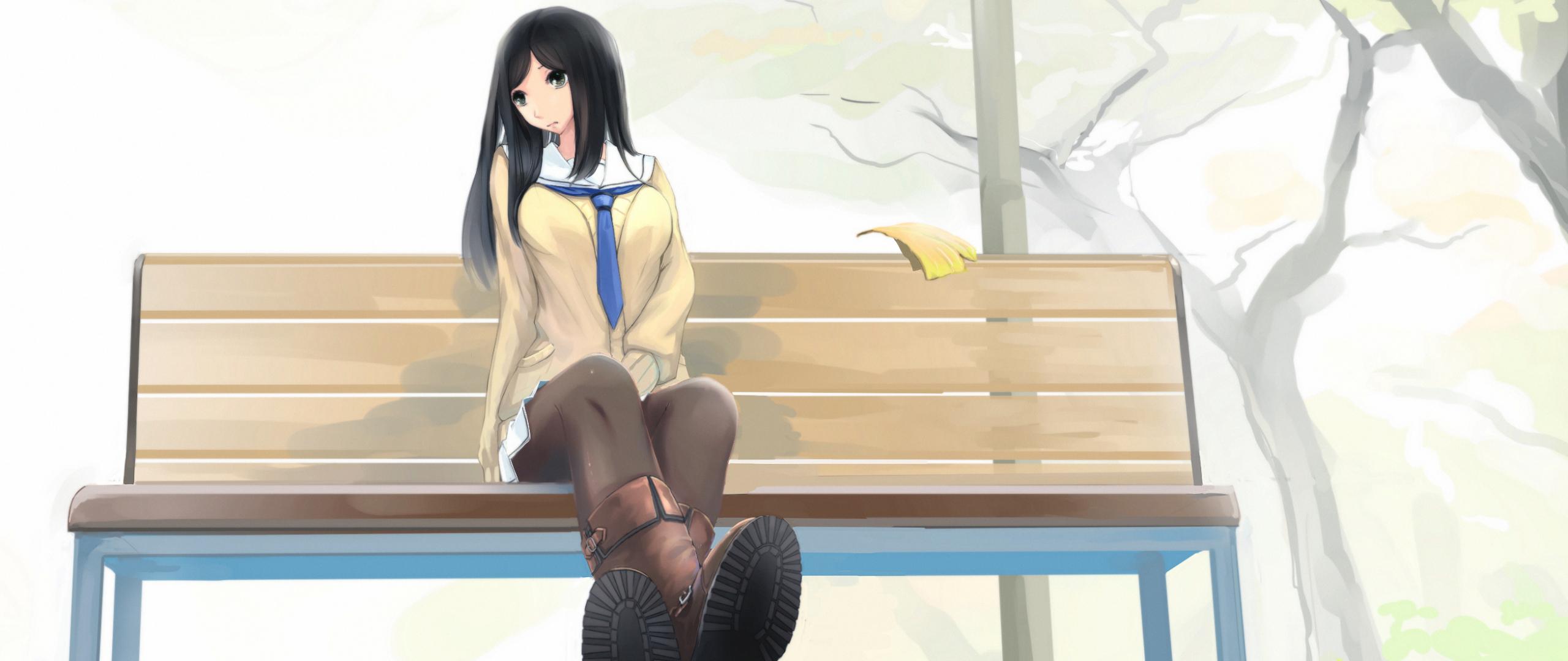 2560x1080 Desktop Wallpaper Anime Girl, Sitting, Bench, HD Image, Picture, Background, Szl Jd