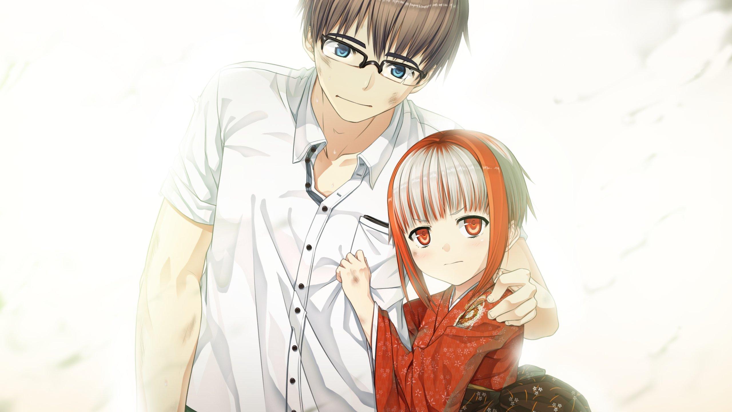 2560x1440 Anime monobeno sumi girl glasses guy hugs wallpaperx1440