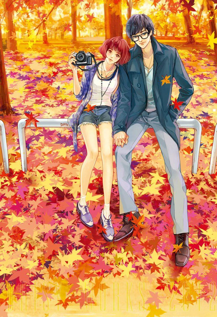748x1092 autumn, Yellow, Red, Leaves, Camera, Couple, Girl, Boy, Short, Hair, Glasses Wallpaper HD / Desktop and Mobile Background