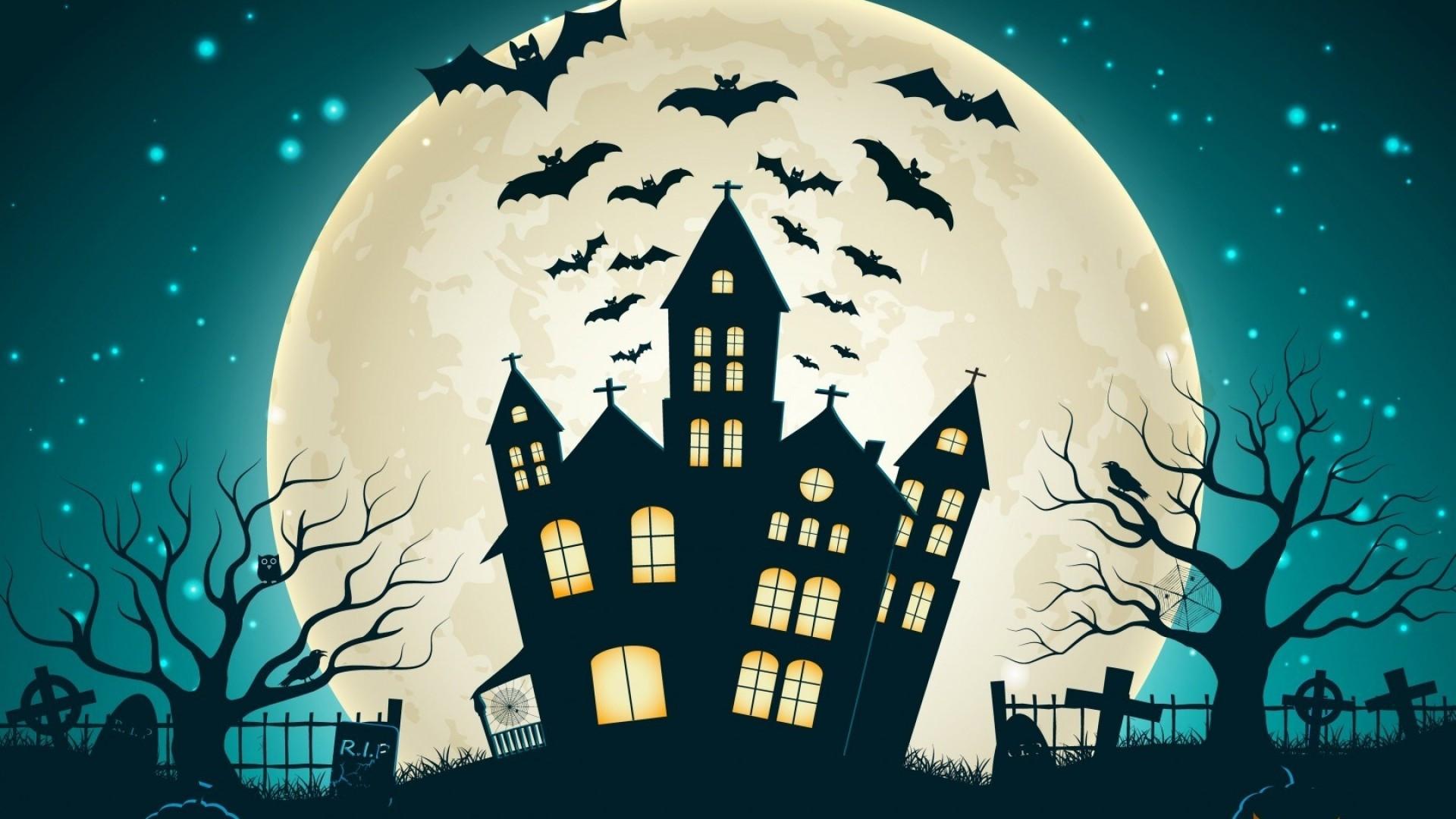 1920x1080 Download 1920x1080 Spooky Castle, Big Moon, Bats, Halloween, Creepy, Flat Artwork Wallpaper for Widescreen