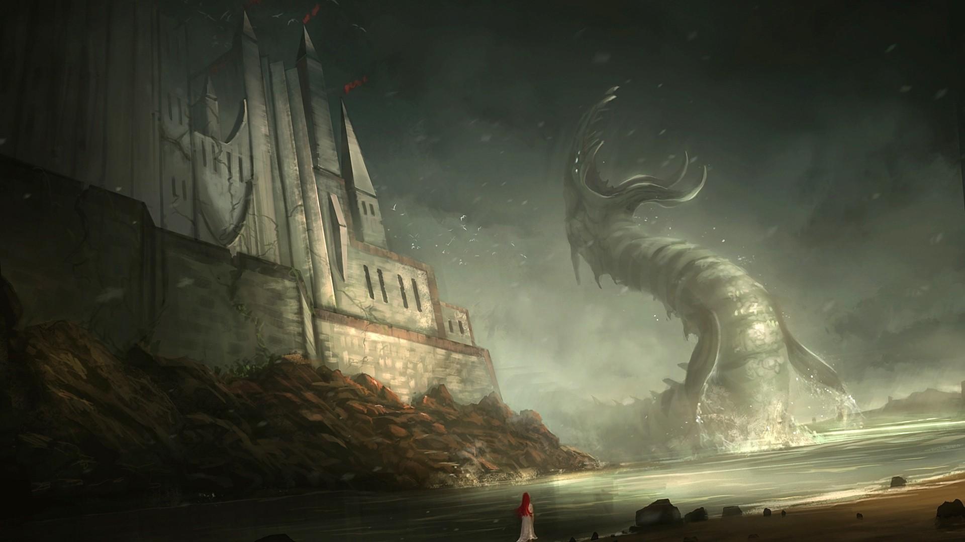 1920x1080 Digital Art Dragon Fantasy Art Castle Sea Monsters Creature Water Rock Artwork Low Angle Dutch Tilt Wallpaper:1920x1080