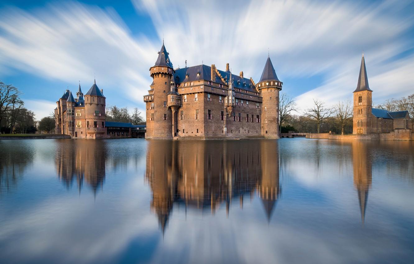 1332x850 Wallpaper the sky, clouds, the city, reflection, river, castle, Netherlands, De Haar, Utrecht image for desktop, section город