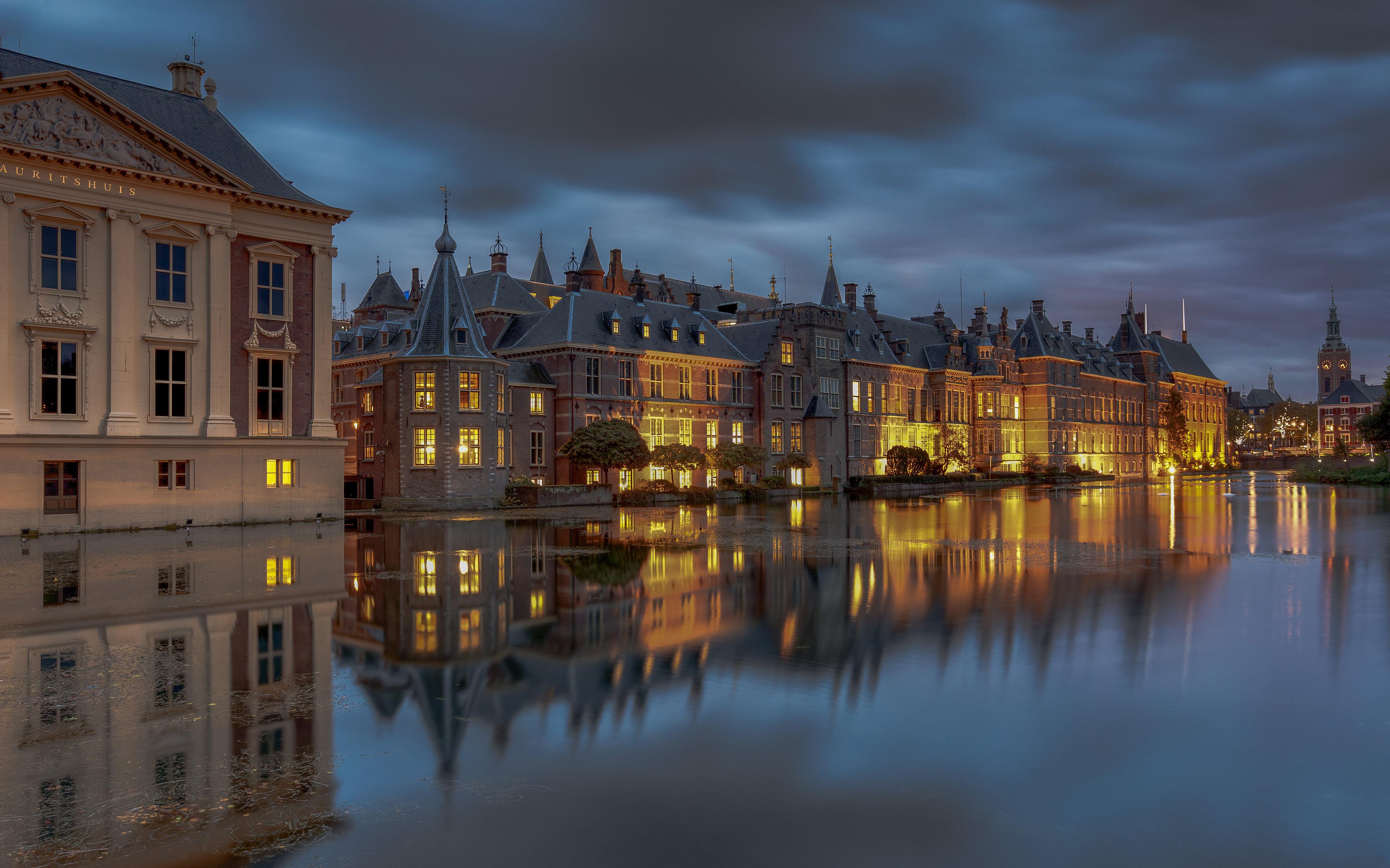 3840x2400 Download wallpaper Hofvijver, 4k, lake, evening, Hague, dutch cities, Netherlands, Europe, cityscapes for desktop with resolution 3840x2400. High Quality HD picture wallpaper