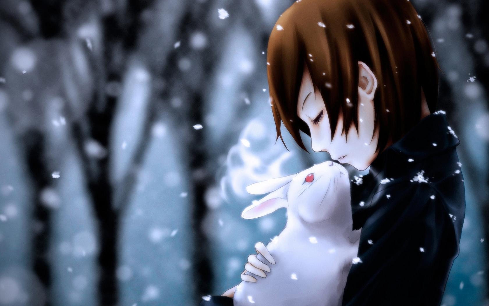 1680x1050 Winter Night Anime Boy Wallpaper