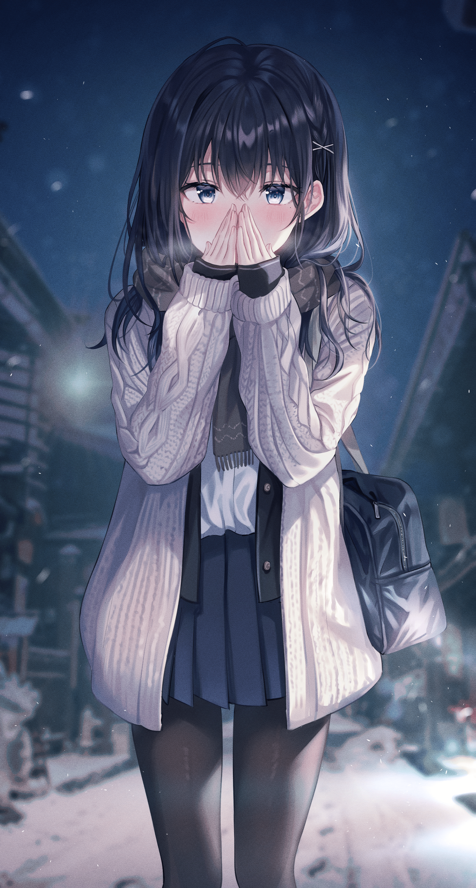 1848x3445 Anime Anime Girls Tokkyu Artista Dark Hair Blue Eyes Blushing School Uniform Sweater Night Winter Sc Wallpaper:1848x3445