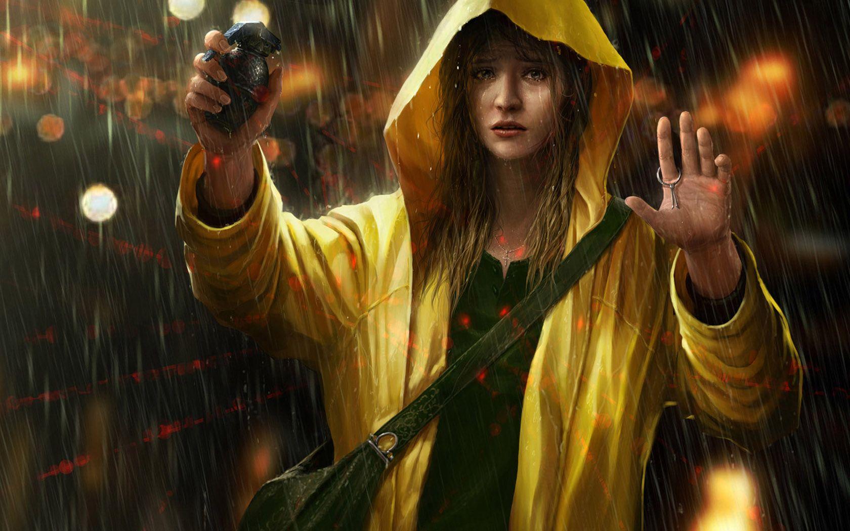 1680x1050 women, rain, grenades, artwork wallpaper