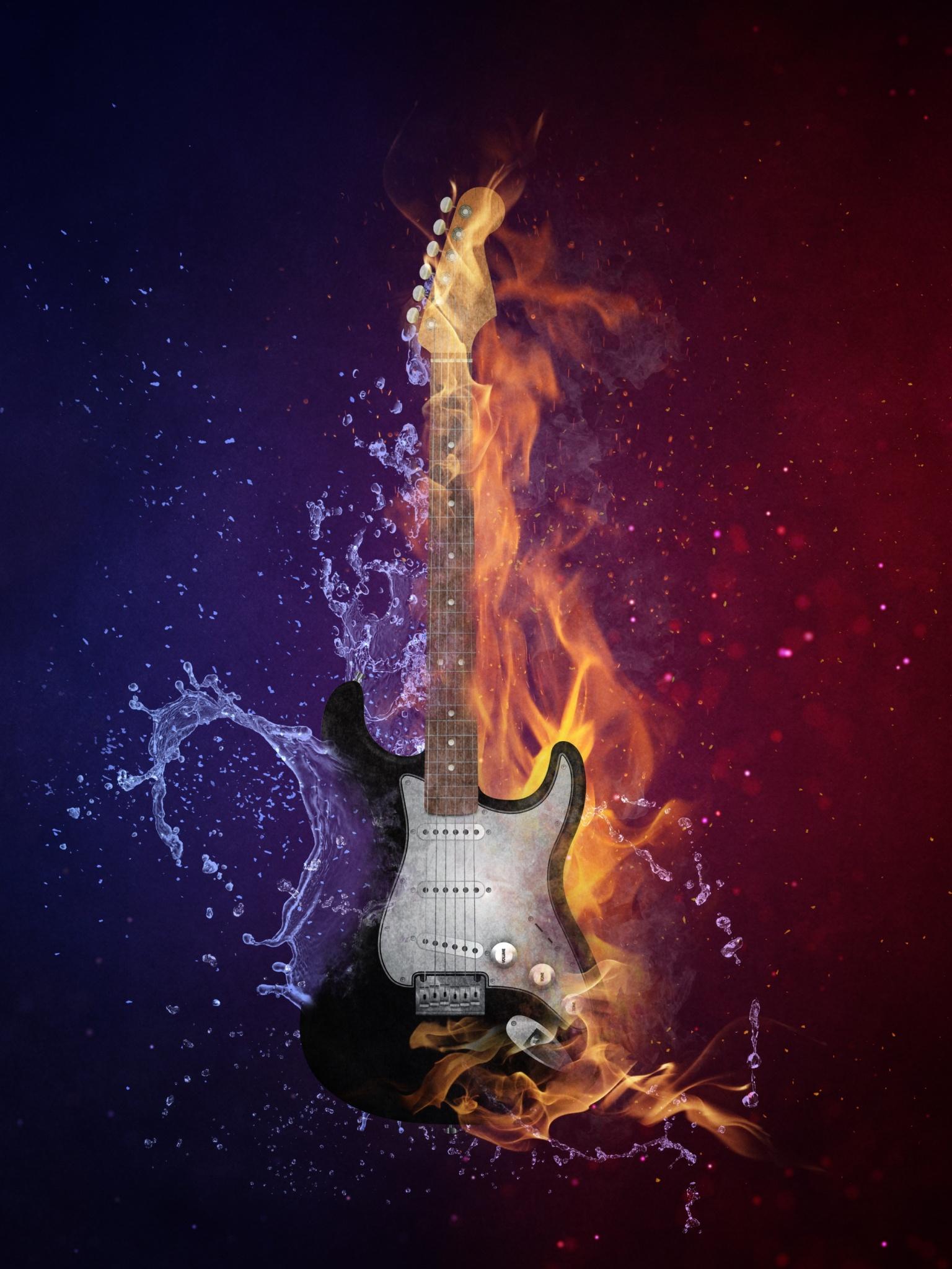 1536x2048 Electric Guitar Wallpaper 4K, Instrument, Dark background, Fire, Water, Purple, Photography