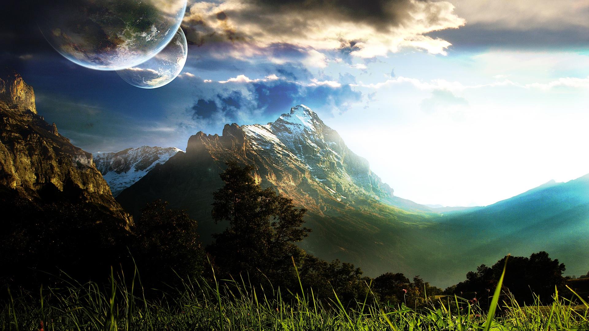 1920x1080 mountains clouds landscapes nature planets digital art 1920x1080 wallpaper