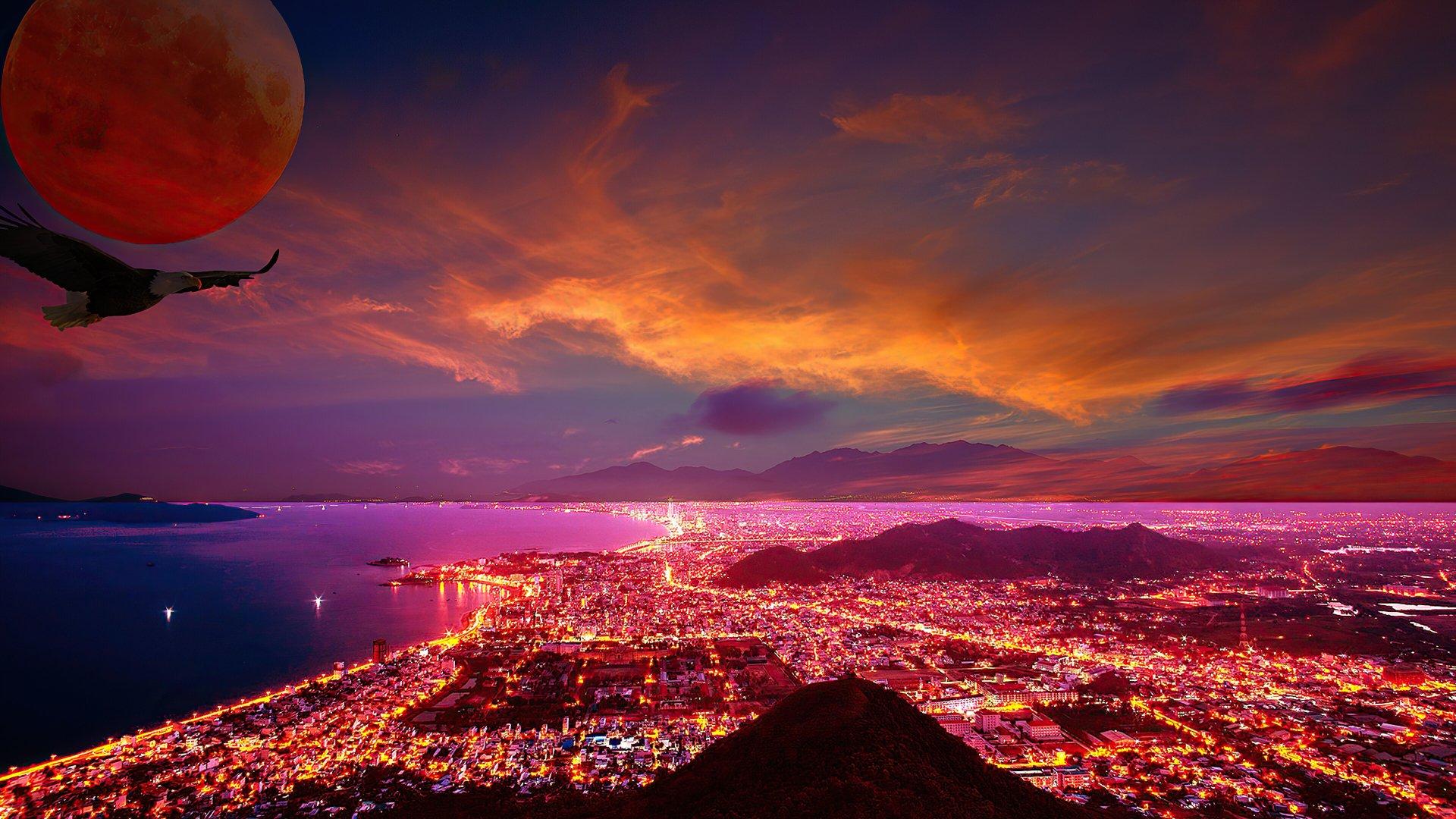 1920x1080 Fantasy City Lights Under a Fiery Sunset and Distant Planetx1080