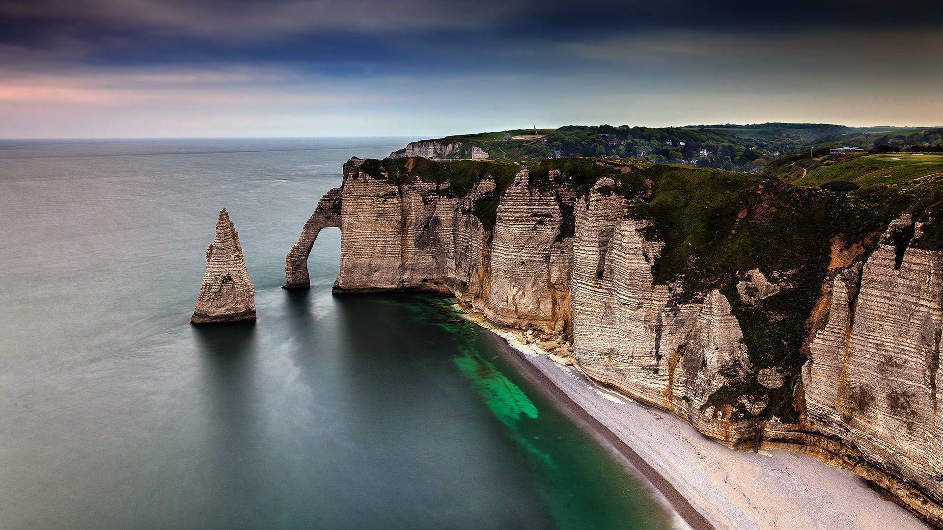 1920x1080 nature, #landscape, #sea, #clouds, #cliff, #beach, #trees, #house
