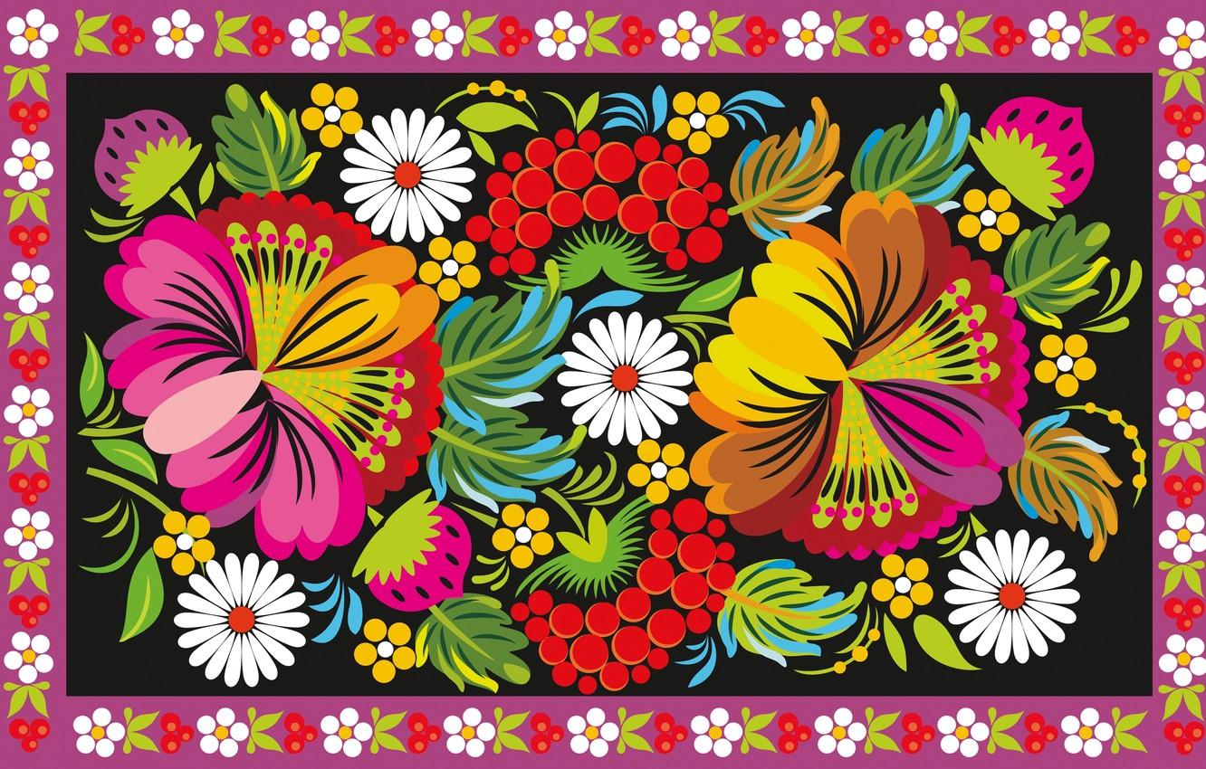1332x850 Wallpaper flowers, berries, pattern, ornament, painting, folk image for desktop, section текстуры