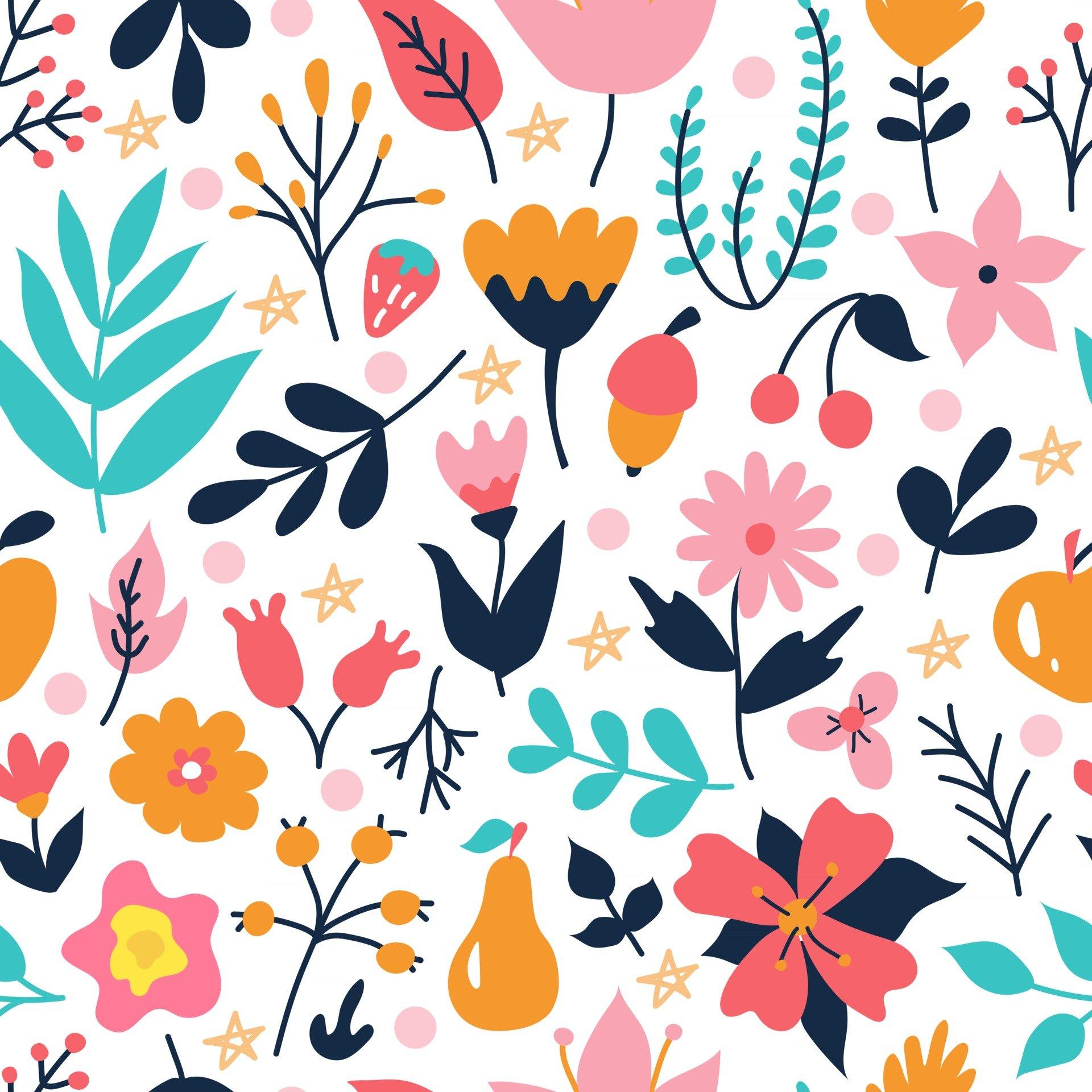 1920x1920 Bright colorful plants and flowers. Vector floral seamless pattern on a white background in a doodle flat style. Wallpaper, packaging paper design and fabric print