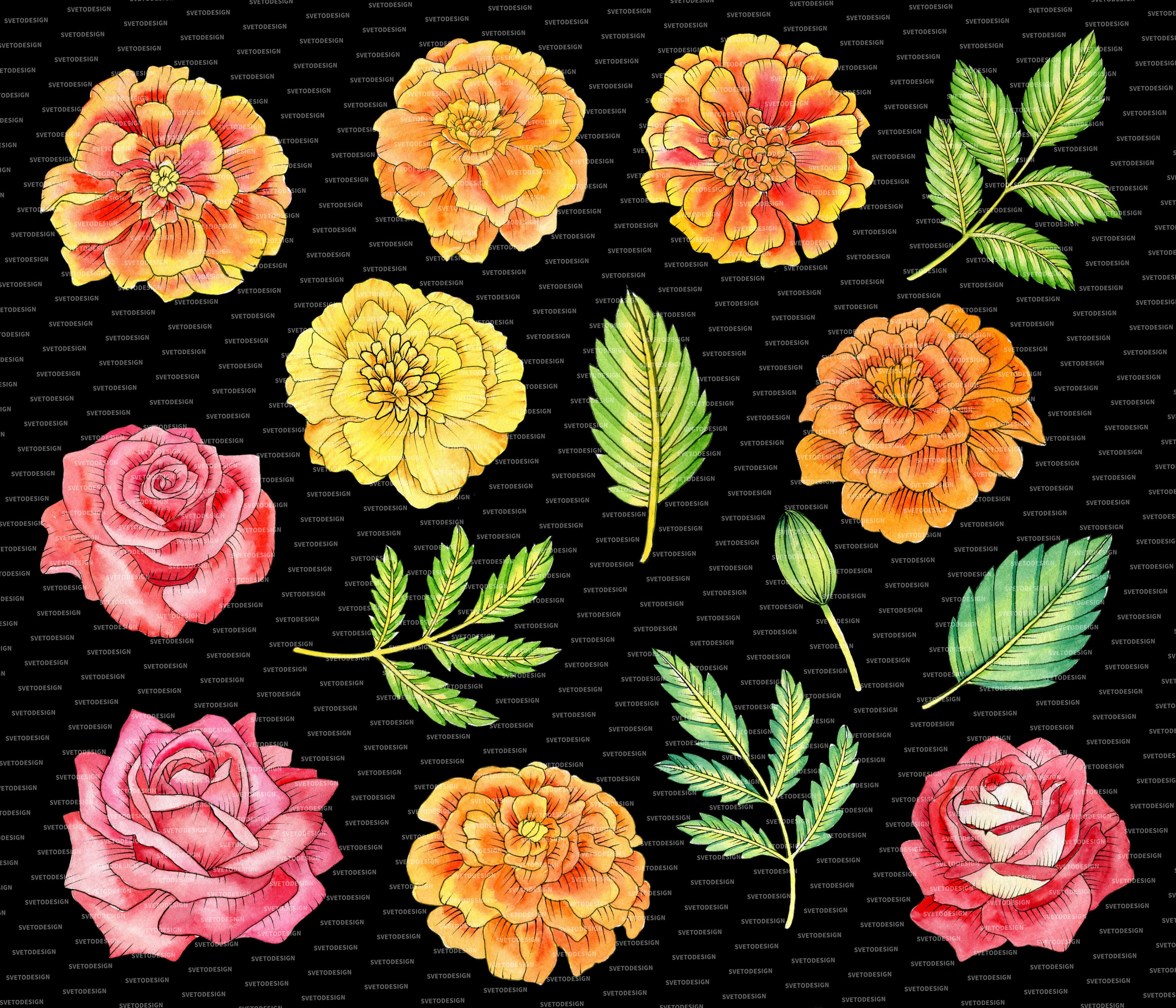 3500x3000 Watercolor mexican flowers clipart. El Da de Muertos floral clipart By Svetlana Sintcova