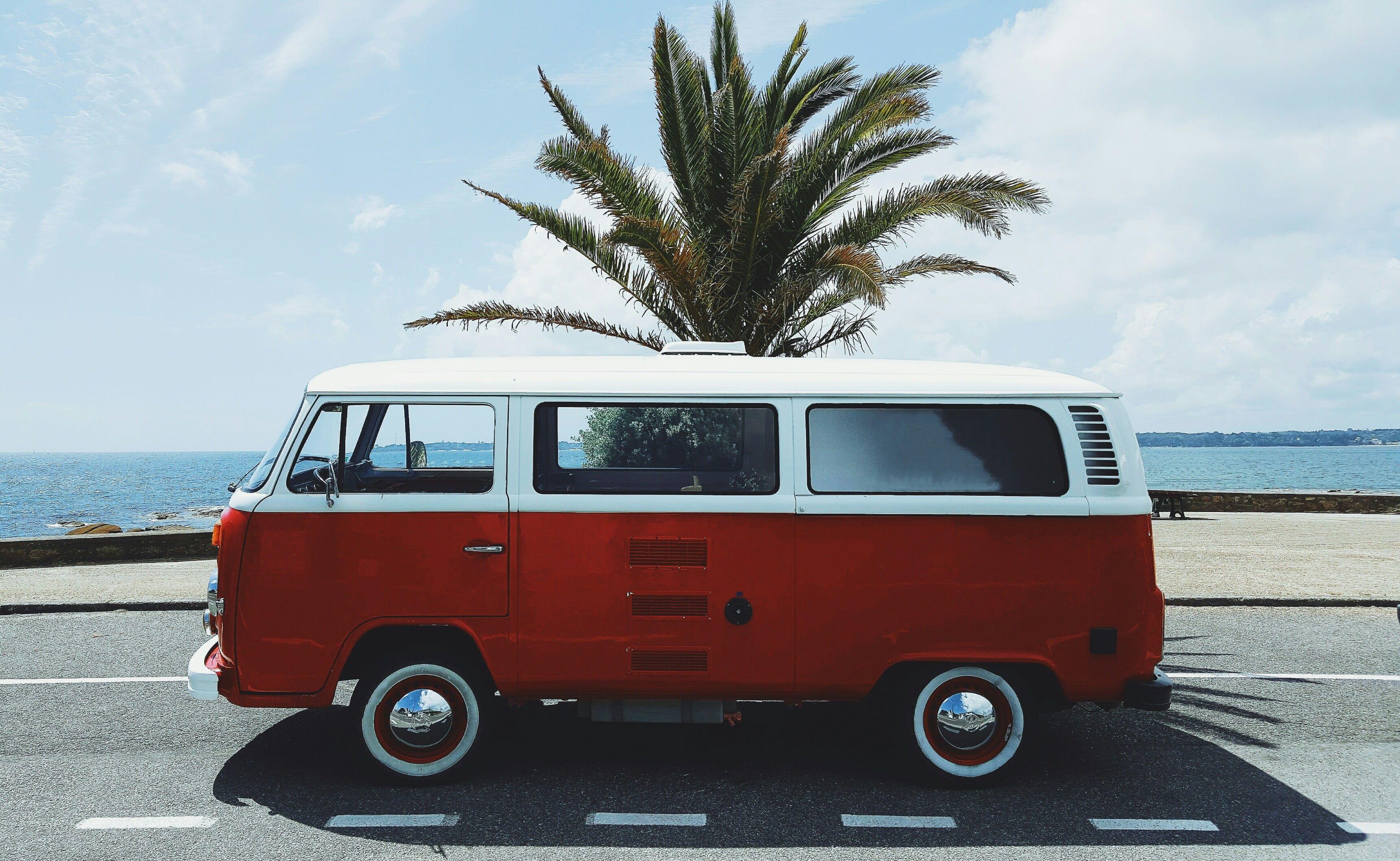 3442x2117 White and red Volkswagen van, vw bus, red, France, beach HD