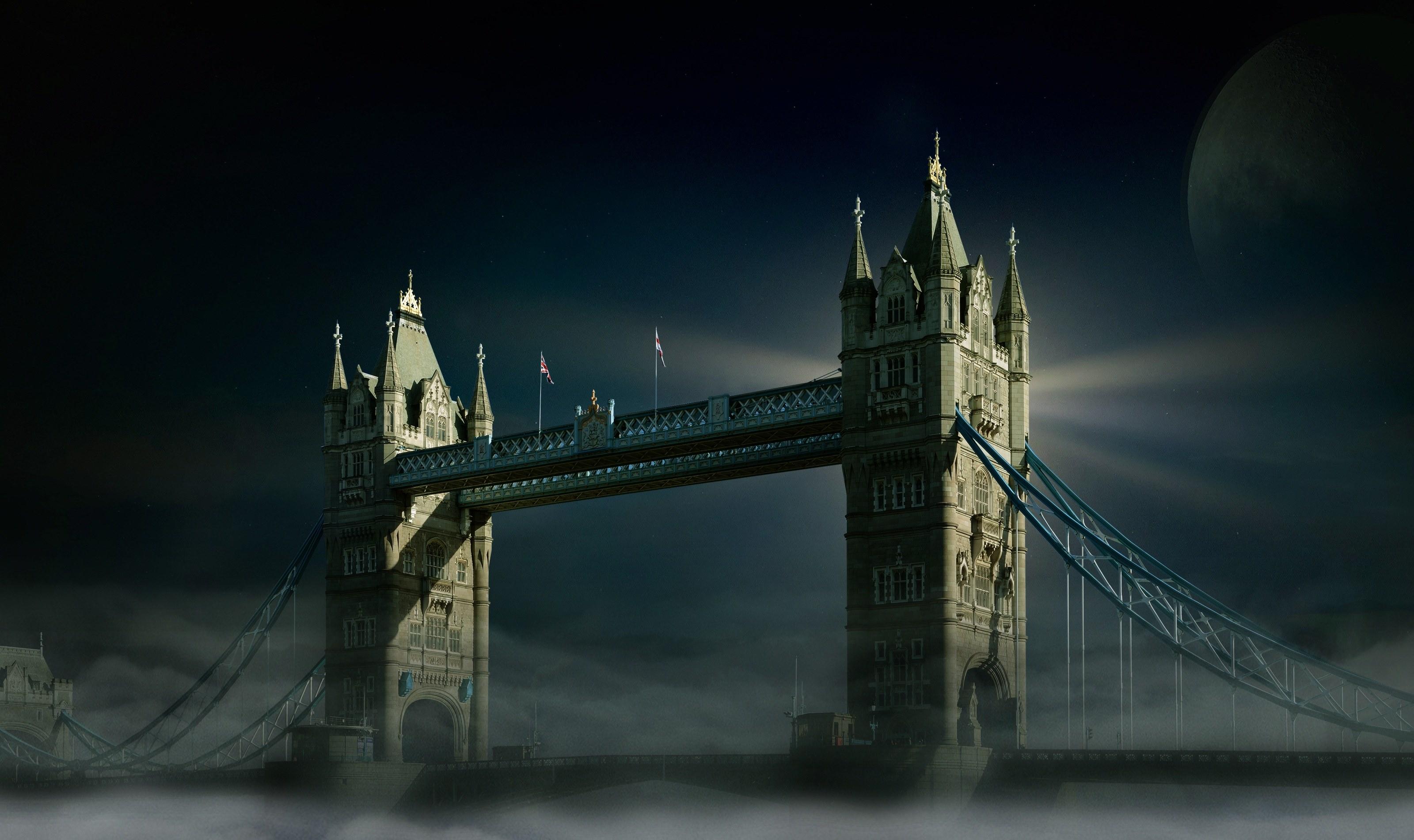3200x1901 Wallpaper / tower bridge london moon fog sky luna full moon 4k wallpaper