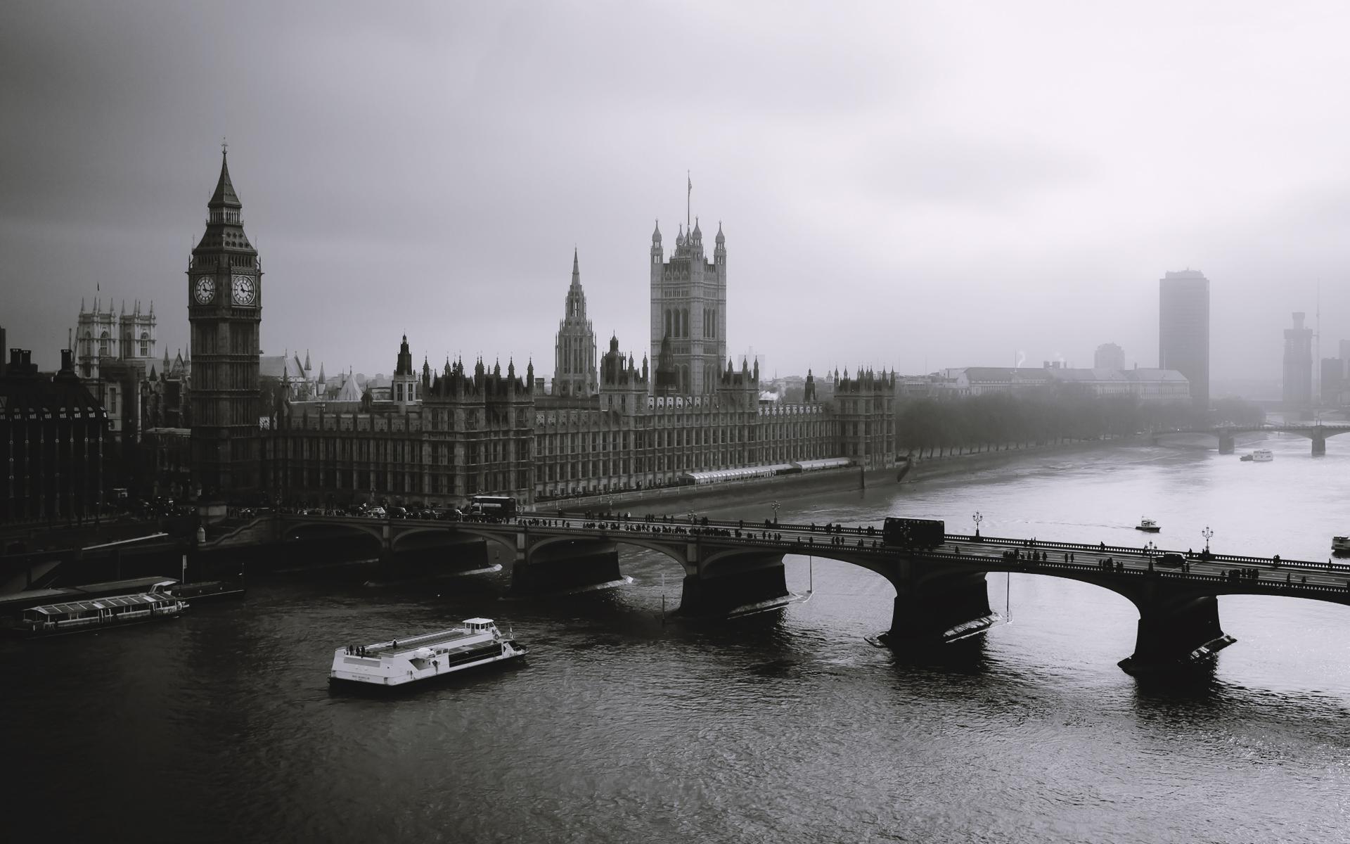 1920x1200 London Mist River Bridge Big Ben Black White zG