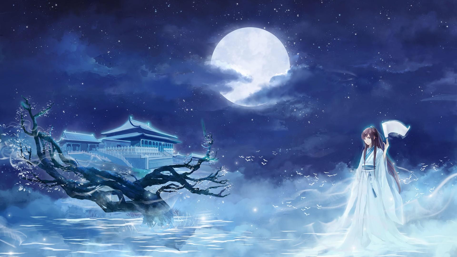 1920x1080 Anime Blue Full Moon Girl Moon Wallpaper:1920x1080