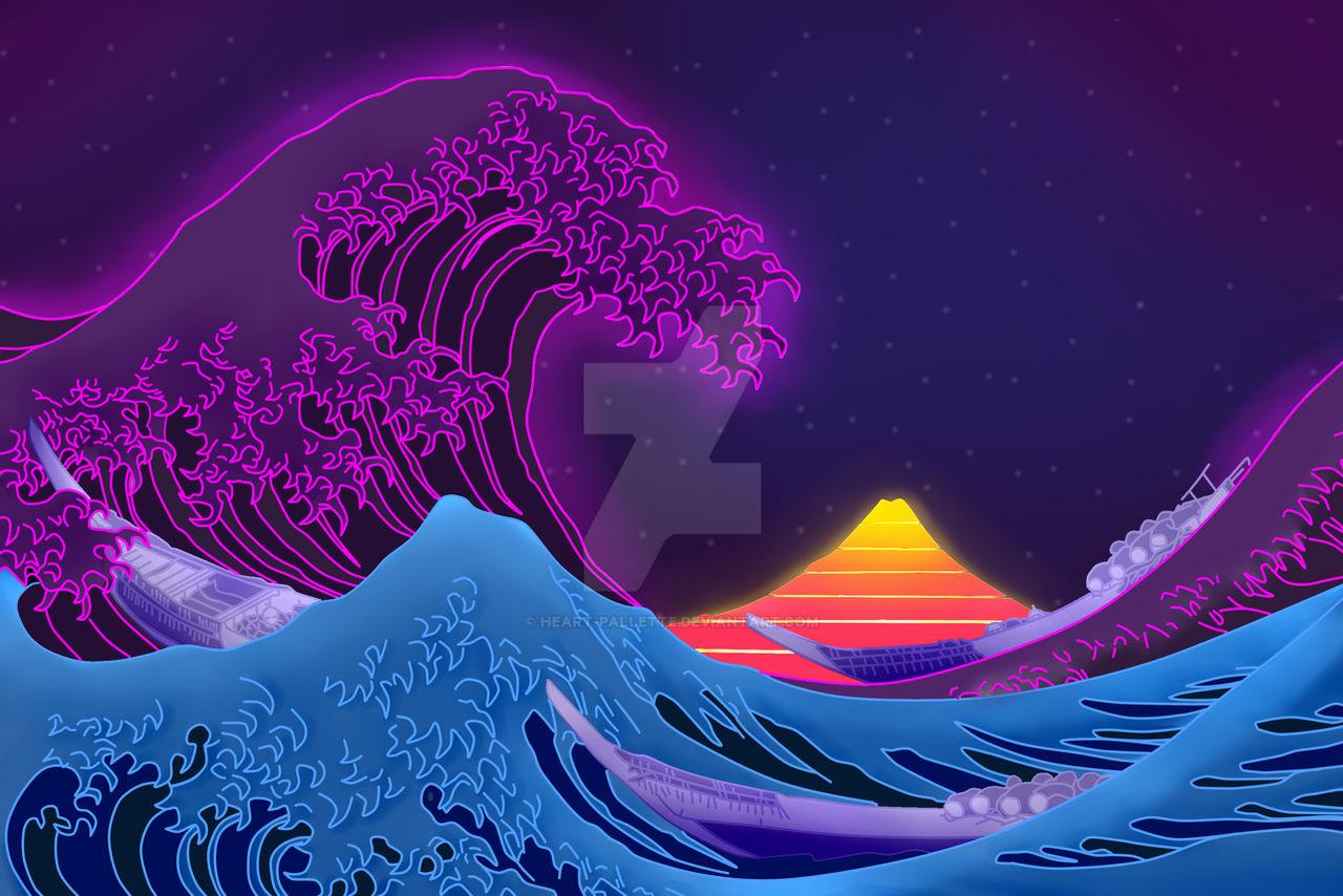 1280x854 Vaporwave Synthwave Neon The Great Wave Off Kanagawa Sun Glitch Art Retrowave Wallpaper:1280x854