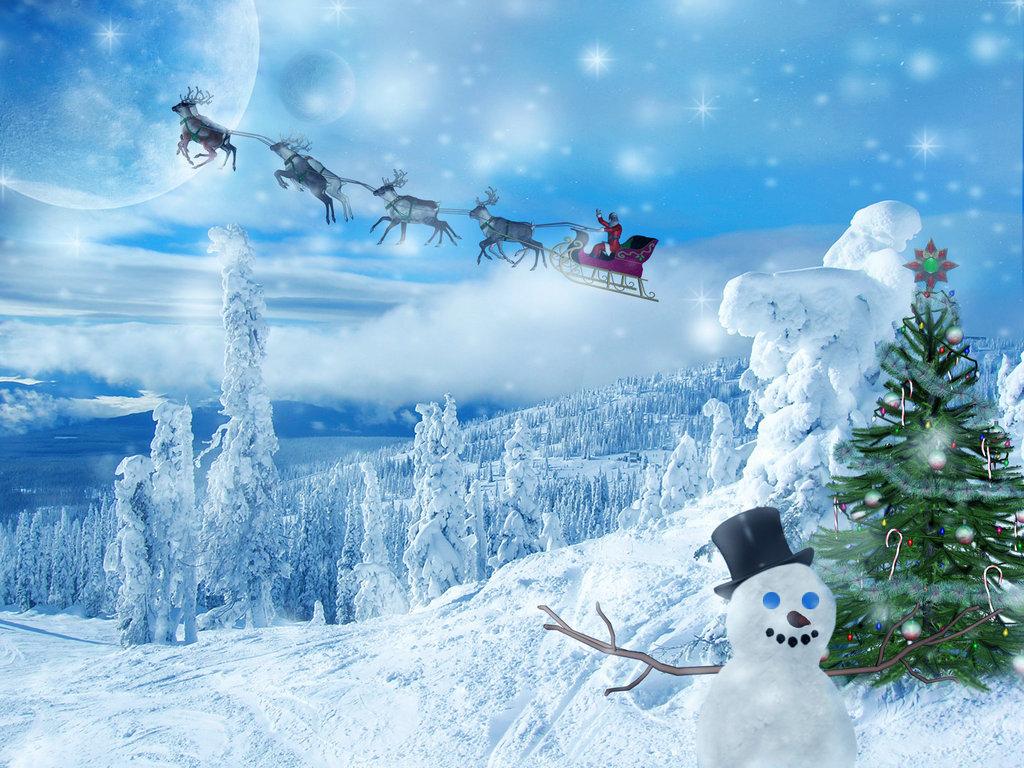1024x768 Snowman and sleigh desktop PC and Mac wallpaper