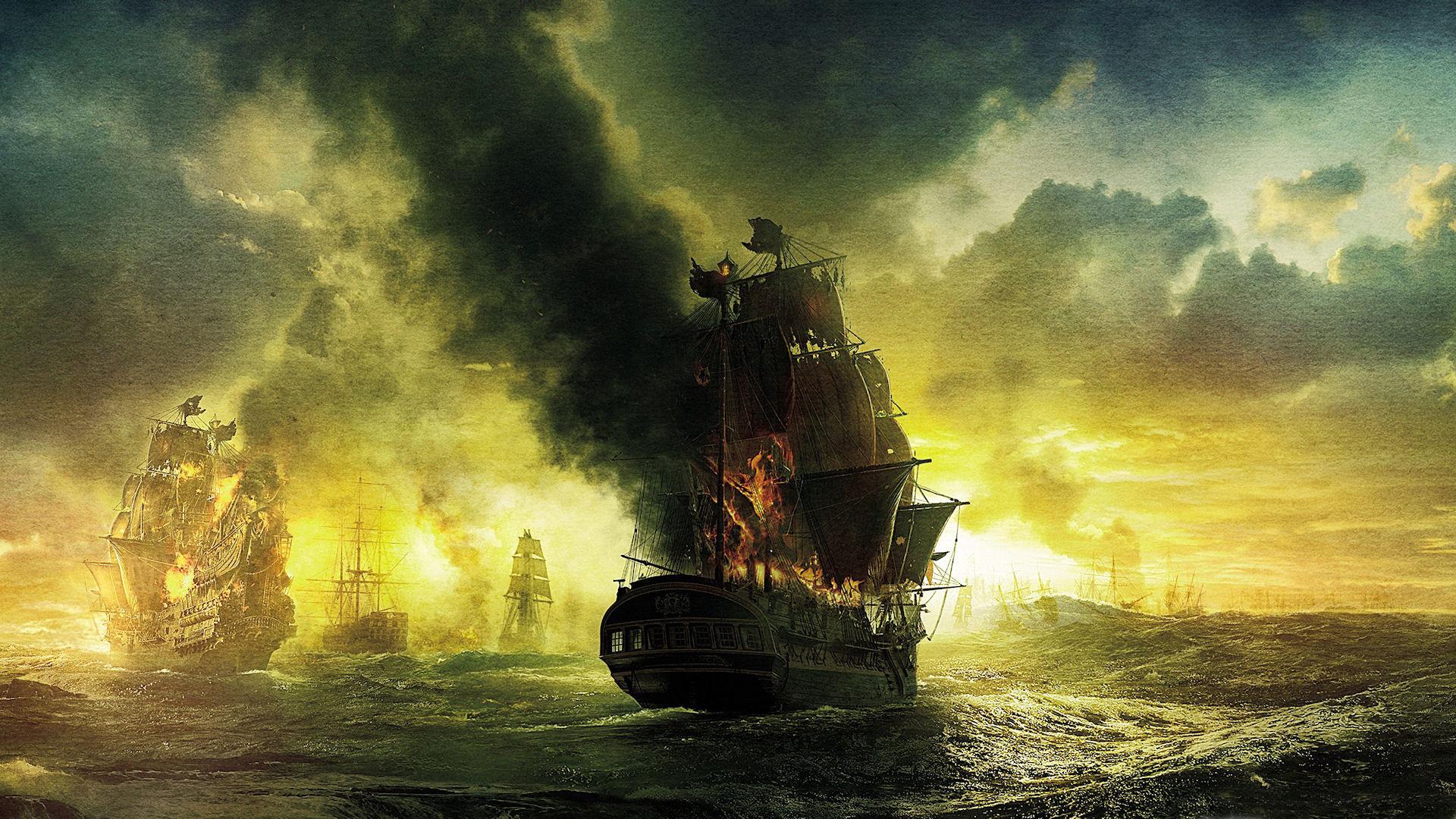 1920x1080 Pirates of the caribbean fantasy art ocean sea ships galleon fire war battles wallpaperx1080