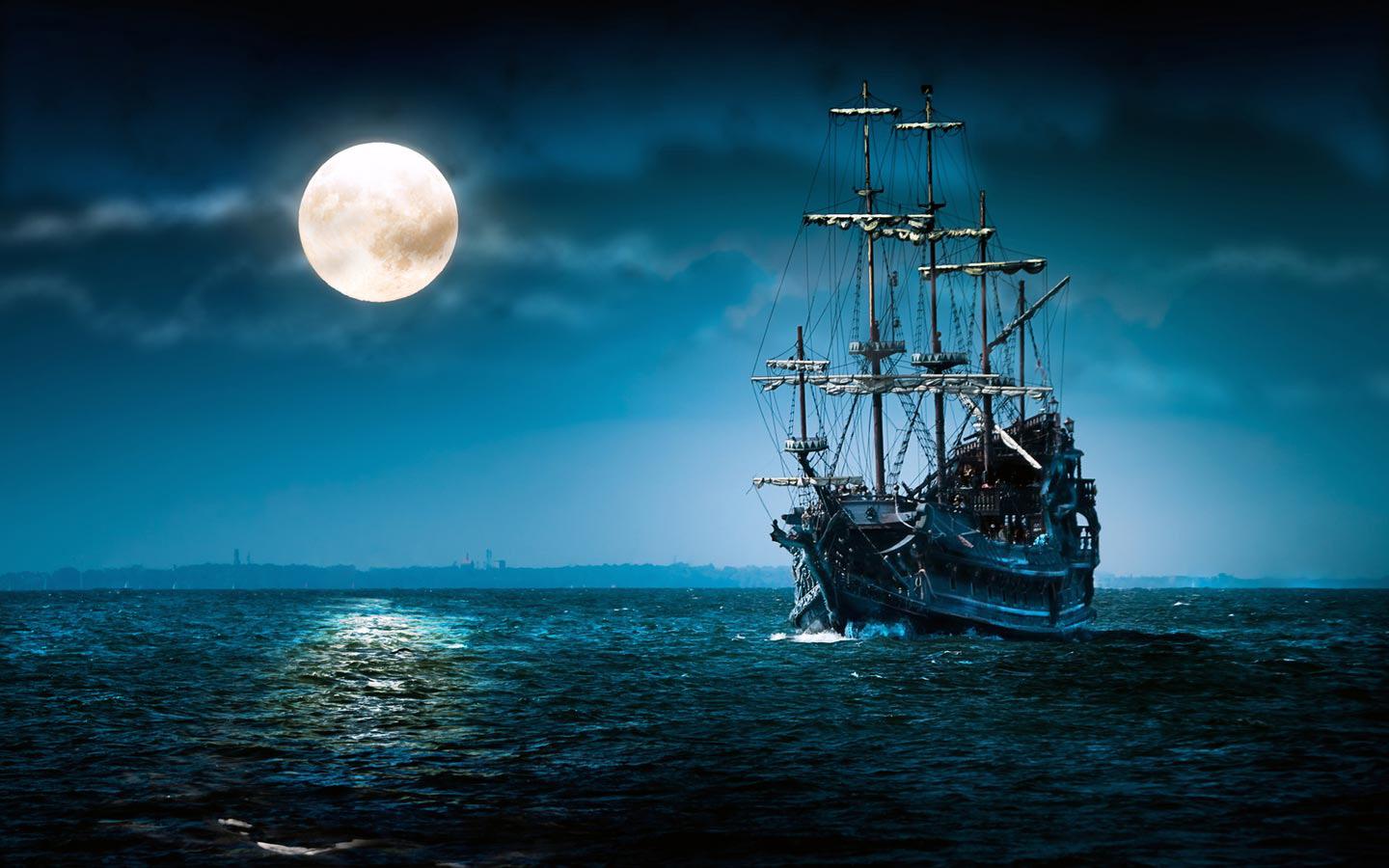 1440x900 pirates ship moon sea wallpaper