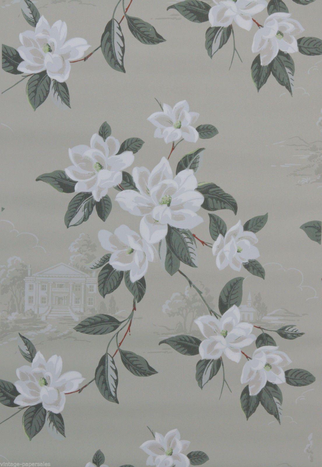 1104x1600 1940's Vintage Wallpaper White Magnolias and Estate Scenic so pretty