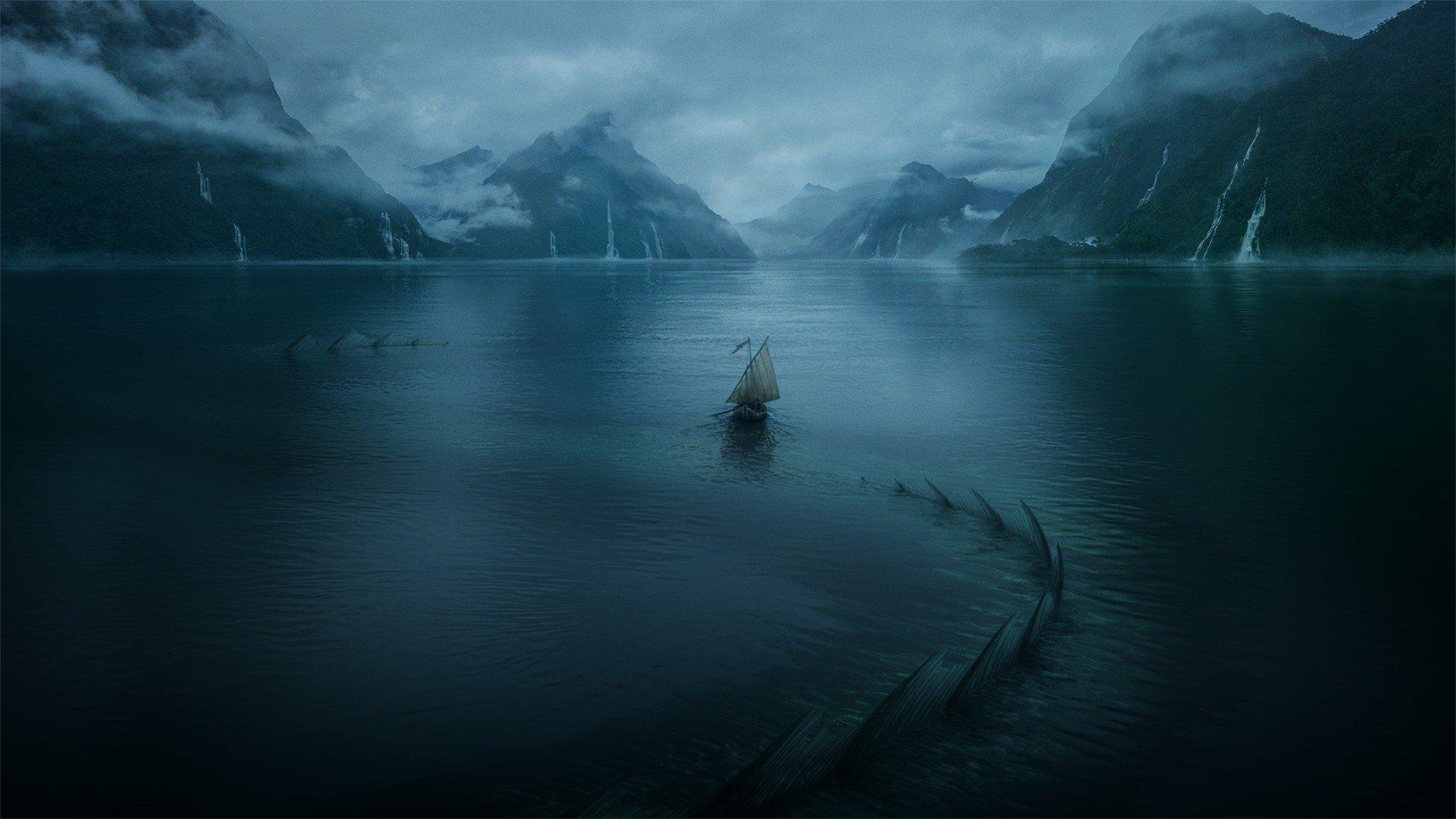 1920x1080 digital art, Mountains, Lake, Ship, Sea monsters, Mist HD Wallpaper / Desktop and Mobile Image & Photo