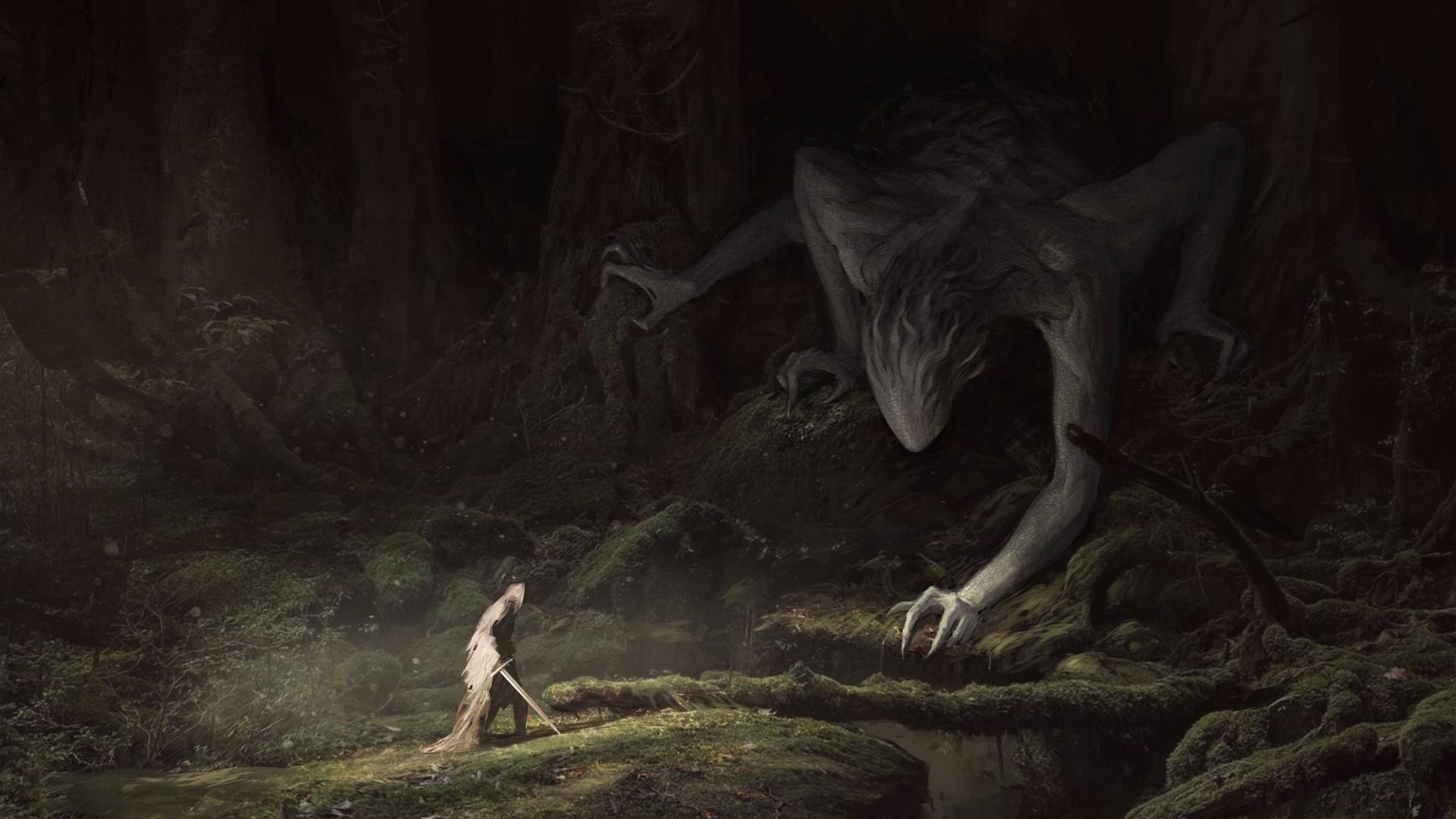 1920x1080 Download 1920x1080 Monster, Dark Forest, Knight, Sword Wallpaper for Widescreen