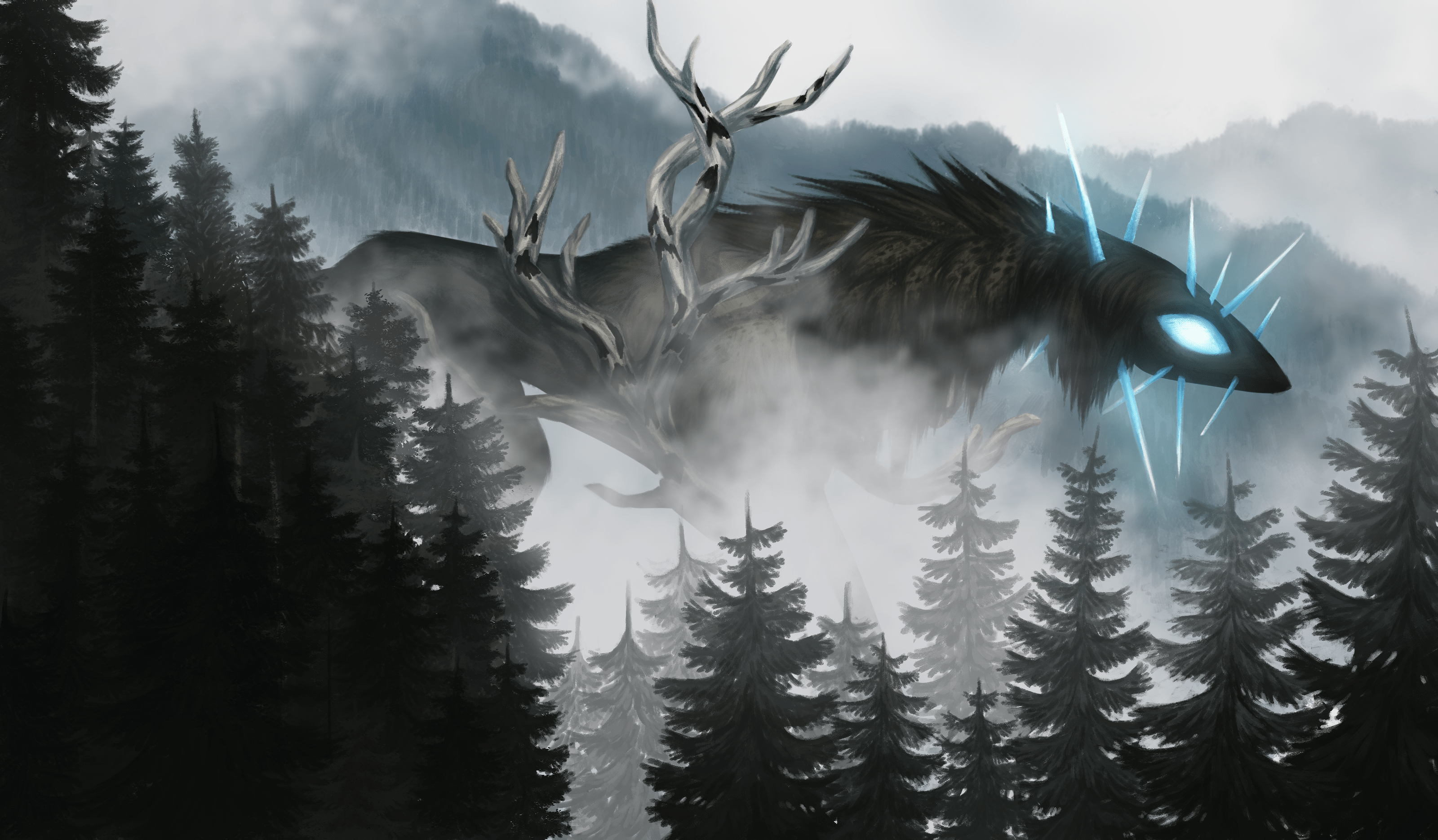 3200x1870 Forest, Giant, Creature, Fog wallpaper