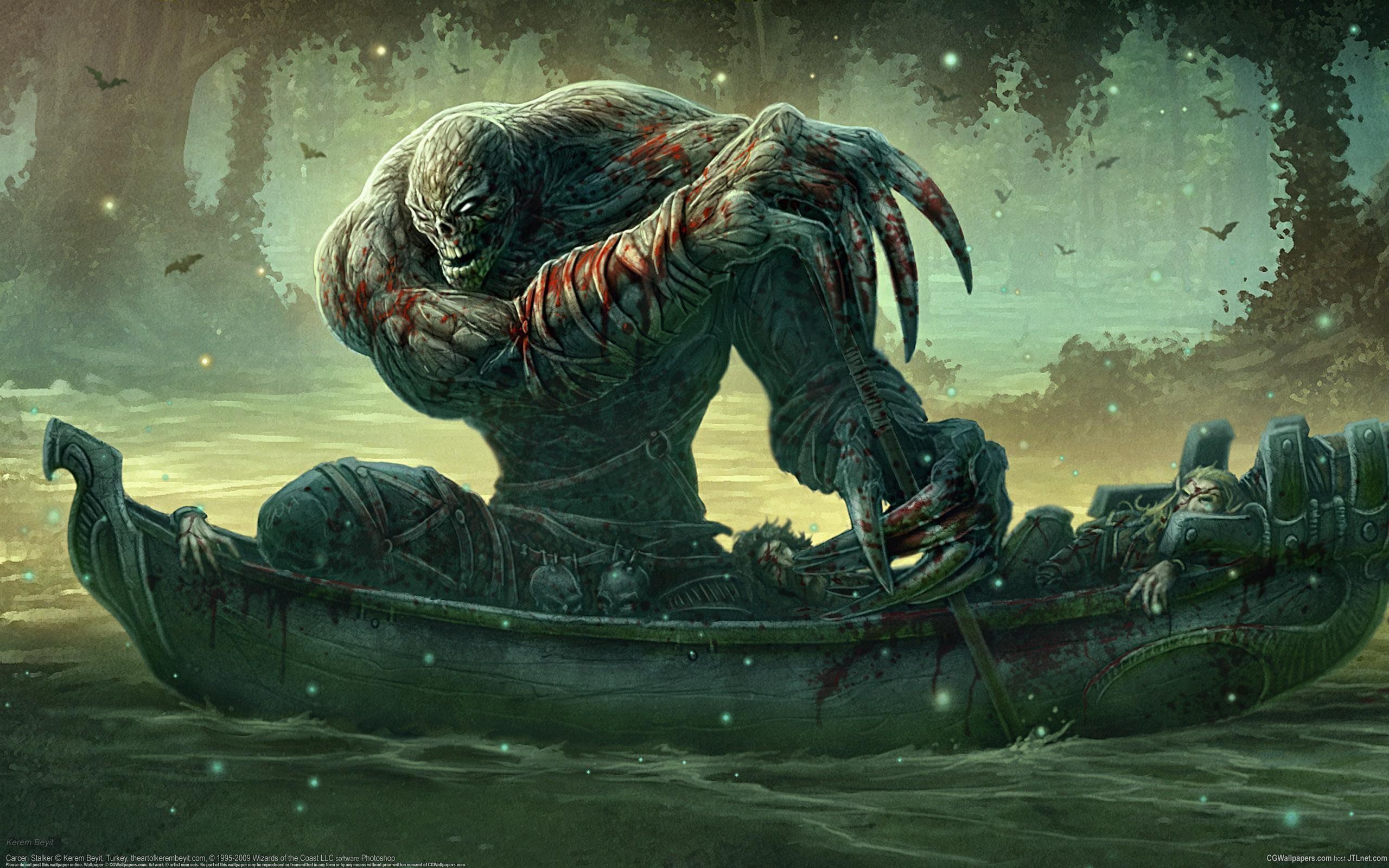 2560x1600 Art, boat, monster, blood, corpses, paddle, forest wallpaper desktop background