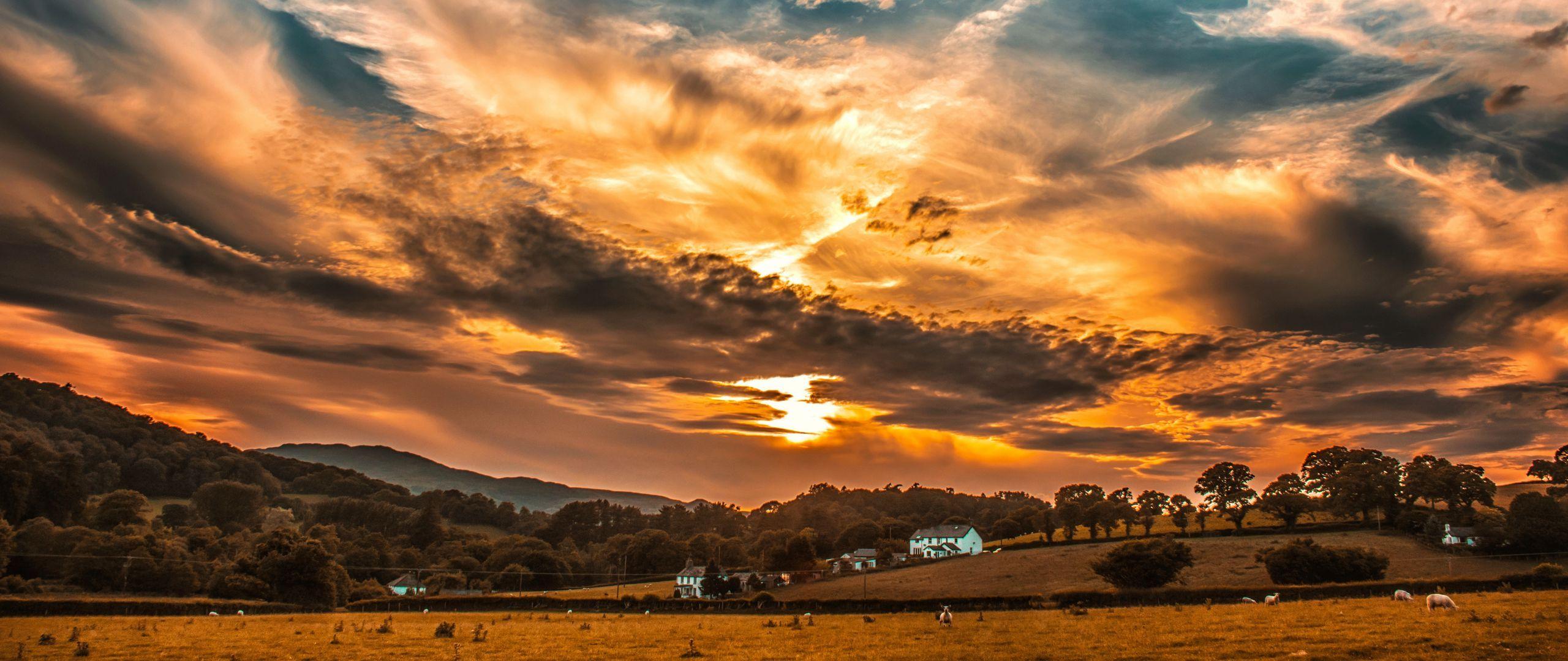 2560x1080 Sunset Sky Clouds Field Trees Horizon Wallpaper