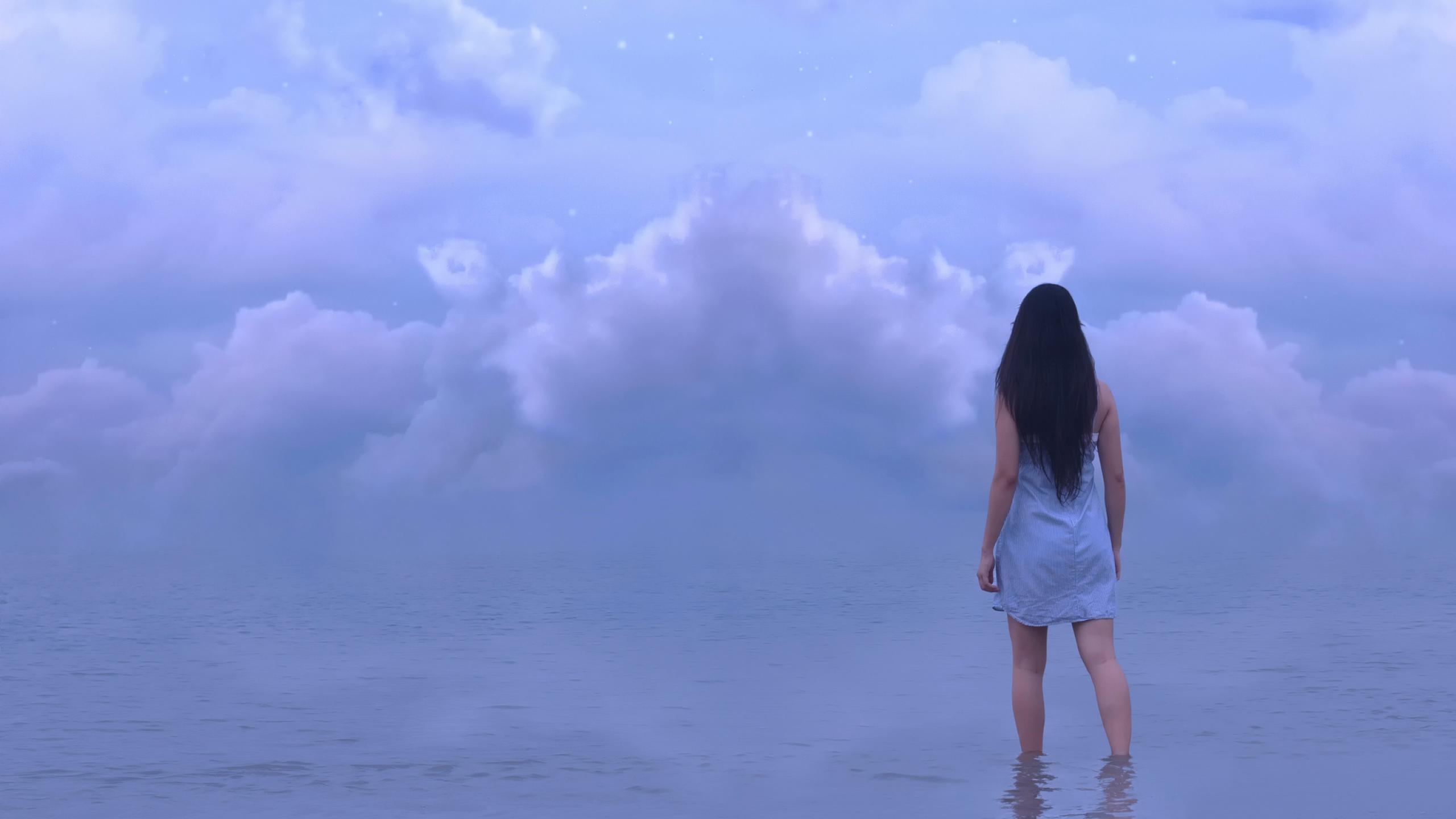 2560x1440 Girl Sea Horizon Sky Clouds desktop PC and Mac wallpaper