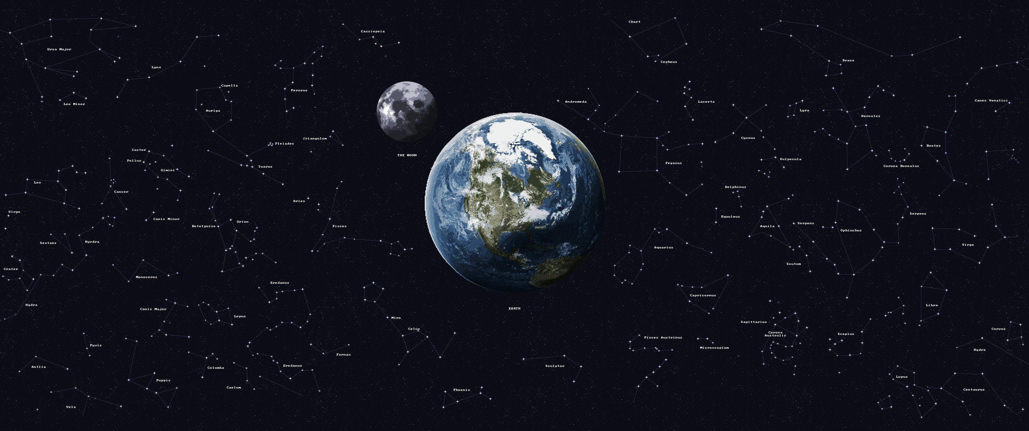 3440x1440 bit, Pixel art, Pixels, Earth, Moon, Stars, Space, Ultra wide Wallpaper HD / Desktop and Mobile Background