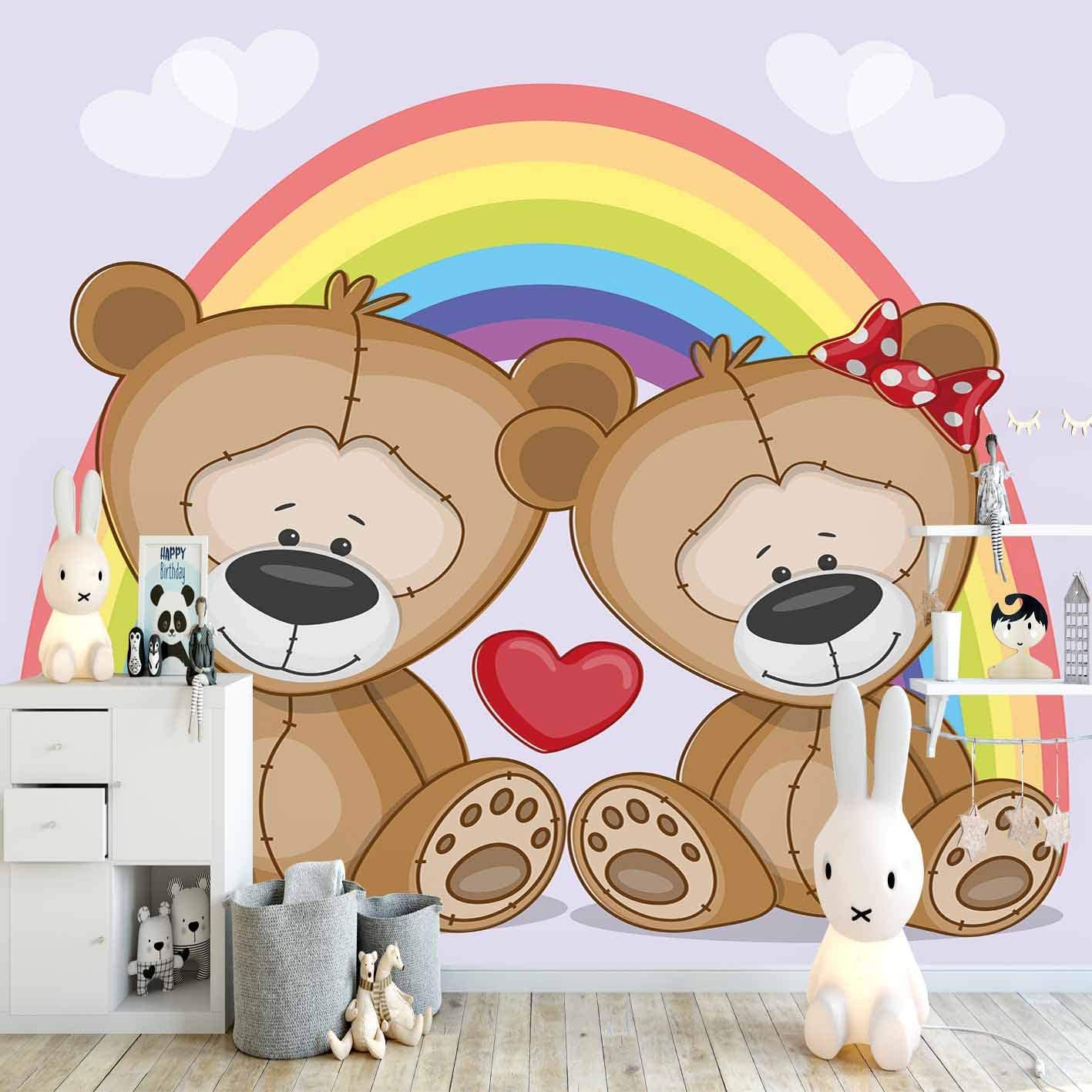 1417x1417 Else Purple White Cloud Rainbow Teddy Bear Heart 3D Print Cartoon Cleanable Fabric Mural Kids Children Room Background Wallpaper: Wallpaper