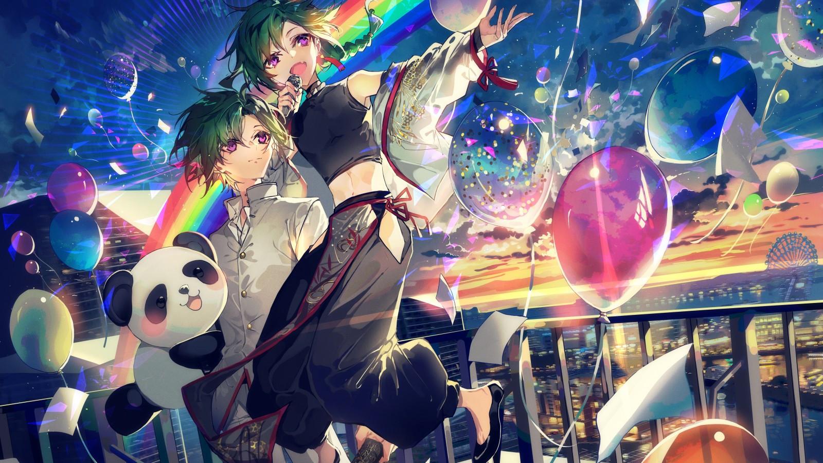 1600x900 Download 1600x900 Ryuushen, Nijisanji, Rainbow, Teddy Bear, Panda, Balloons, Festival, Virtual Youtuber, Anime Boys Wallpaper