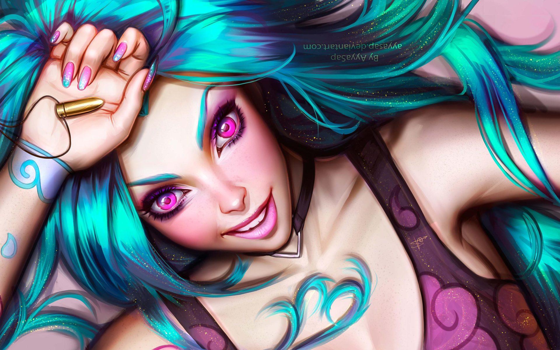 1920x1200 League Of Legends Champion Jinx Green Haired Splash Art Wallpaper HD :