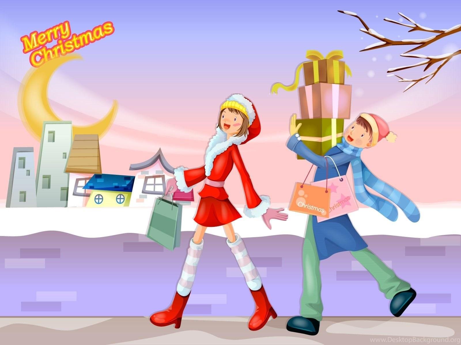 1600x1200 Merry Christmas Cartoon Shopping Gifts Wallpaper Desktop Background